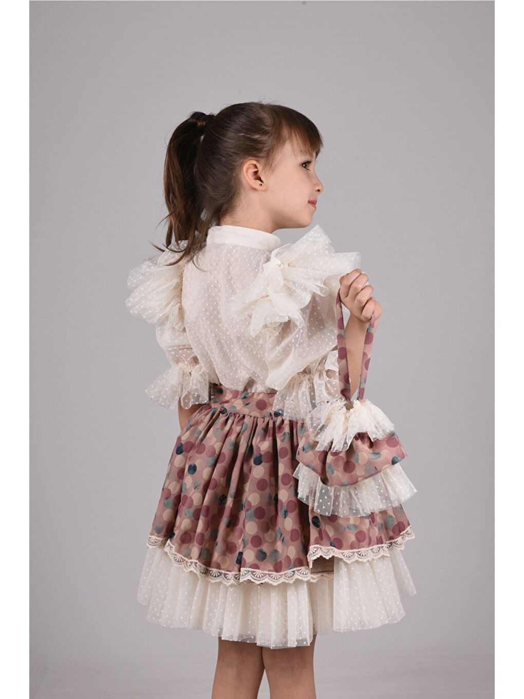 Pembe Puantiye Etek ve Gömlekli İkili Takım, Kız Çocuk Mezuniyet Elbisesi, Kız Çocuk Vintage Takım_M2332-6