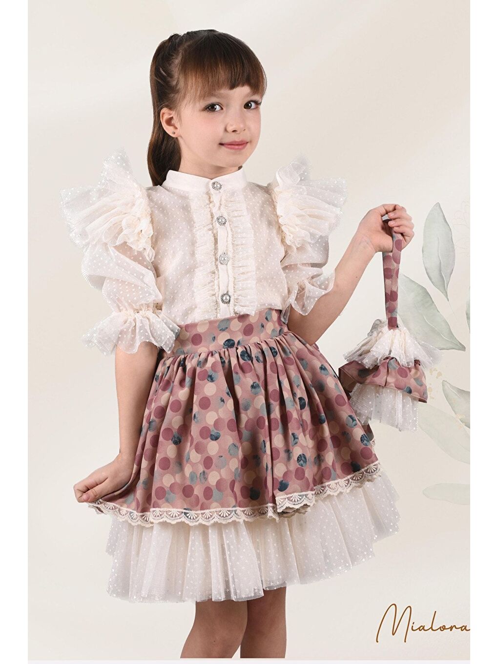 Pembe Puantiye Etek ve Gömlekli İkili Takım, Kız Çocuk Mezuniyet Elbisesi, Kız Çocuk Vintage Takım_M2332-7
