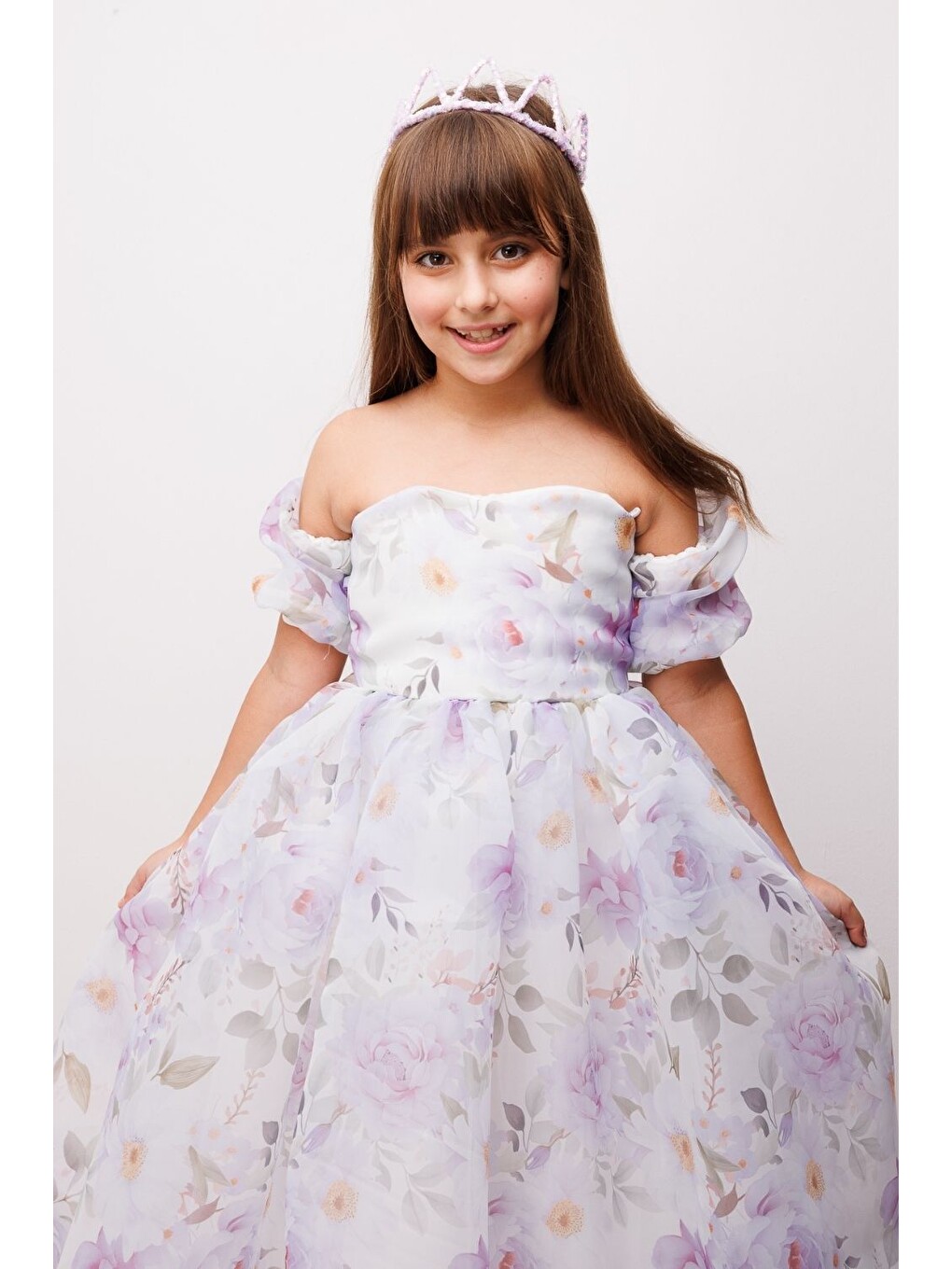 Lila Çiçek Desenli Organze Straplez Kız Çocuk Mezuniyet Elbisesi - Lovisa-1