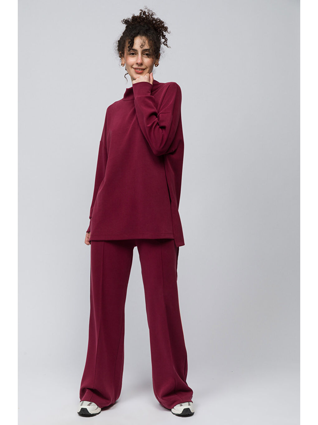 Monza   Balıkçı Yaka Yanları Yırtmaç Detaylı Düz Modal Sweatshirt   Bordo Renk-1