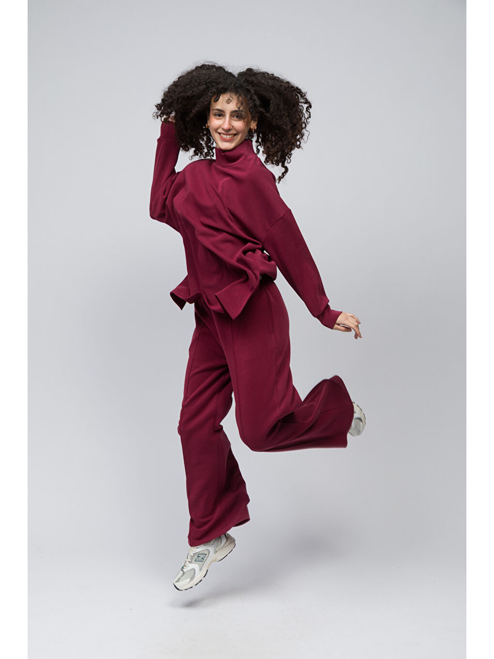 Monza   Balıkçı Yaka Yanları Yırtmaç Detaylı Düz Modal Sweatshirt   Bordo Renk-2