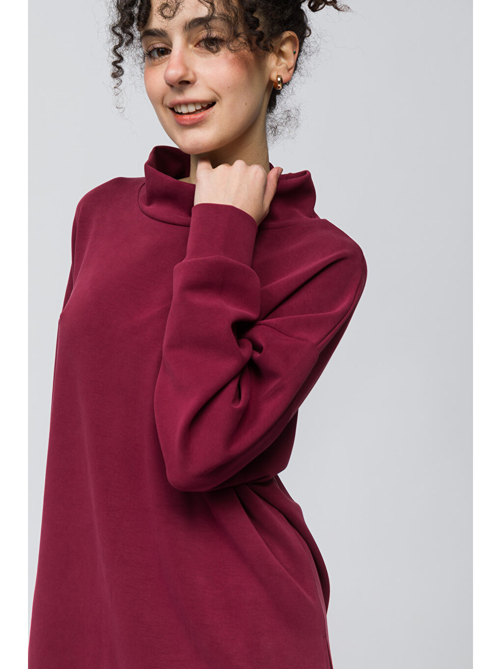 Monza   Balıkçı Yaka Yanları Yırtmaç Detaylı Düz Modal Sweatshirt   Bordo Renk-3
