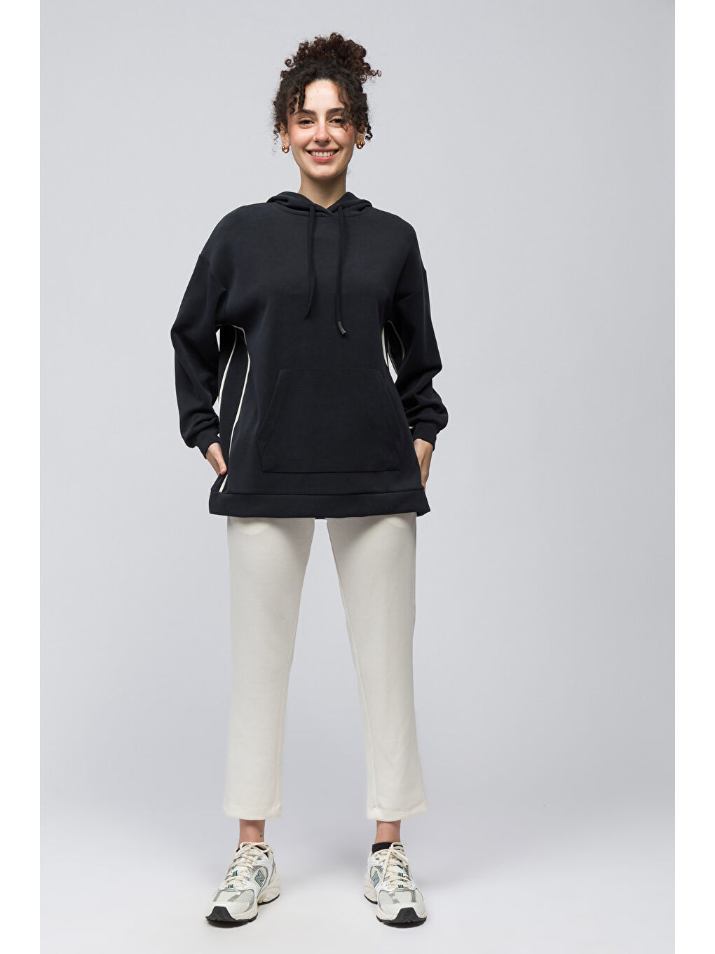 Bilbao   Çift Biyeli Oversize Kapüşonlu ve Cep Detaylı Modal Sweatshirt   Antrasit Renk-1