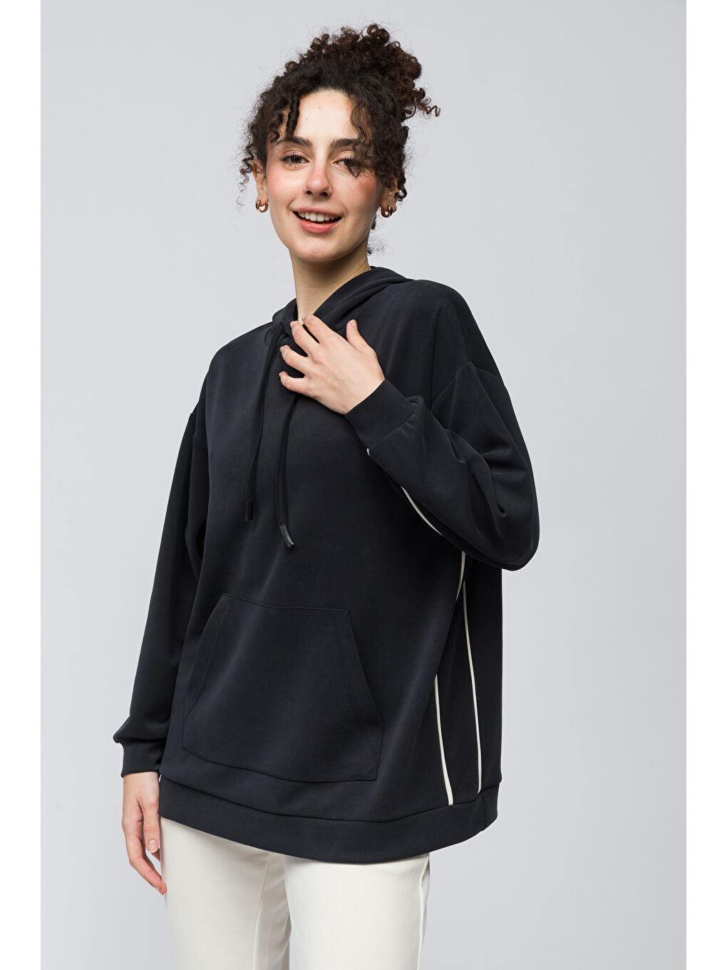 Bilbao   Çift Biyeli Oversize Kapüşonlu ve Cep Detaylı Modal Sweatshirt   Antrasit Renk-3