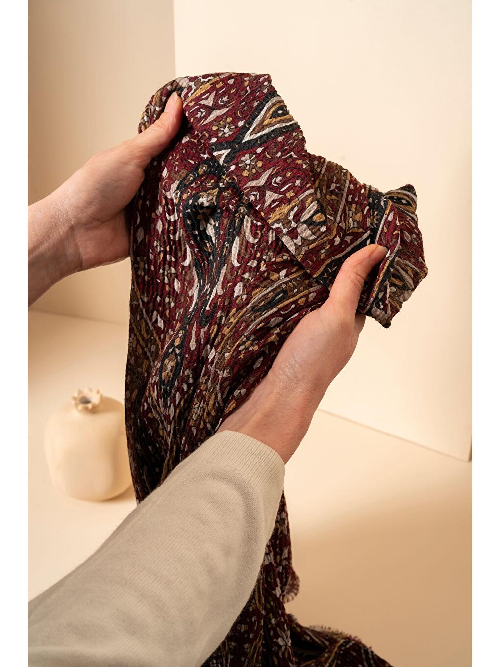 Bordo Kadın Etnik Desen Bürümcük Şal-2