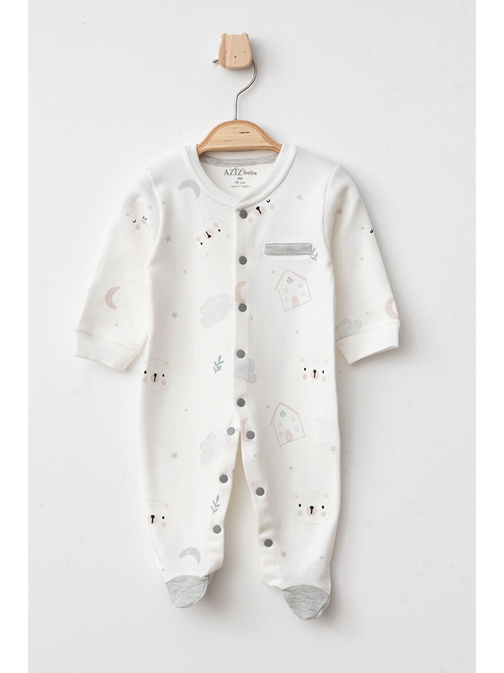 Ekru Erkek Bebek Çıtçıtlı Desenli Patikli Tulum 0 Ay - 6 Ay