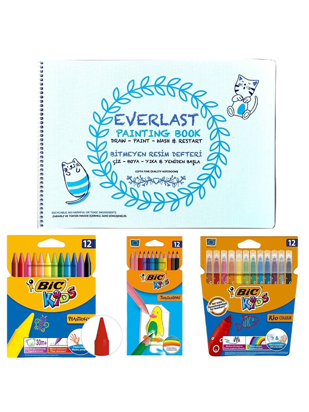 Gıpta Karışık Asorti Everlast 25 x 35 Bitmeyen Resim Defteri 4 Yaprak + Bic 3 Lü Boyama Seti