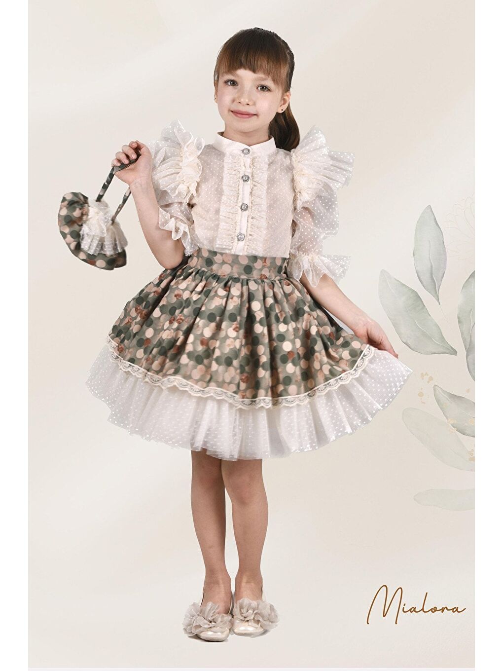 Yeşil Puantiye Etek ve Gömlekli İkili Takım, Kız Çocuk Mezuniyet Elbisesi, Kız Çocuk Vintage Takım_M2332