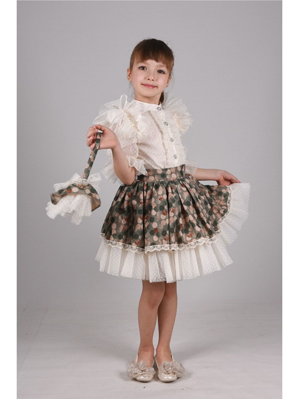 Yeşil Puantiye Etek ve Gömlekli İkili Takım, Kız Çocuk Mezuniyet Elbisesi, Kız Çocuk Vintage Takım_M2332-1