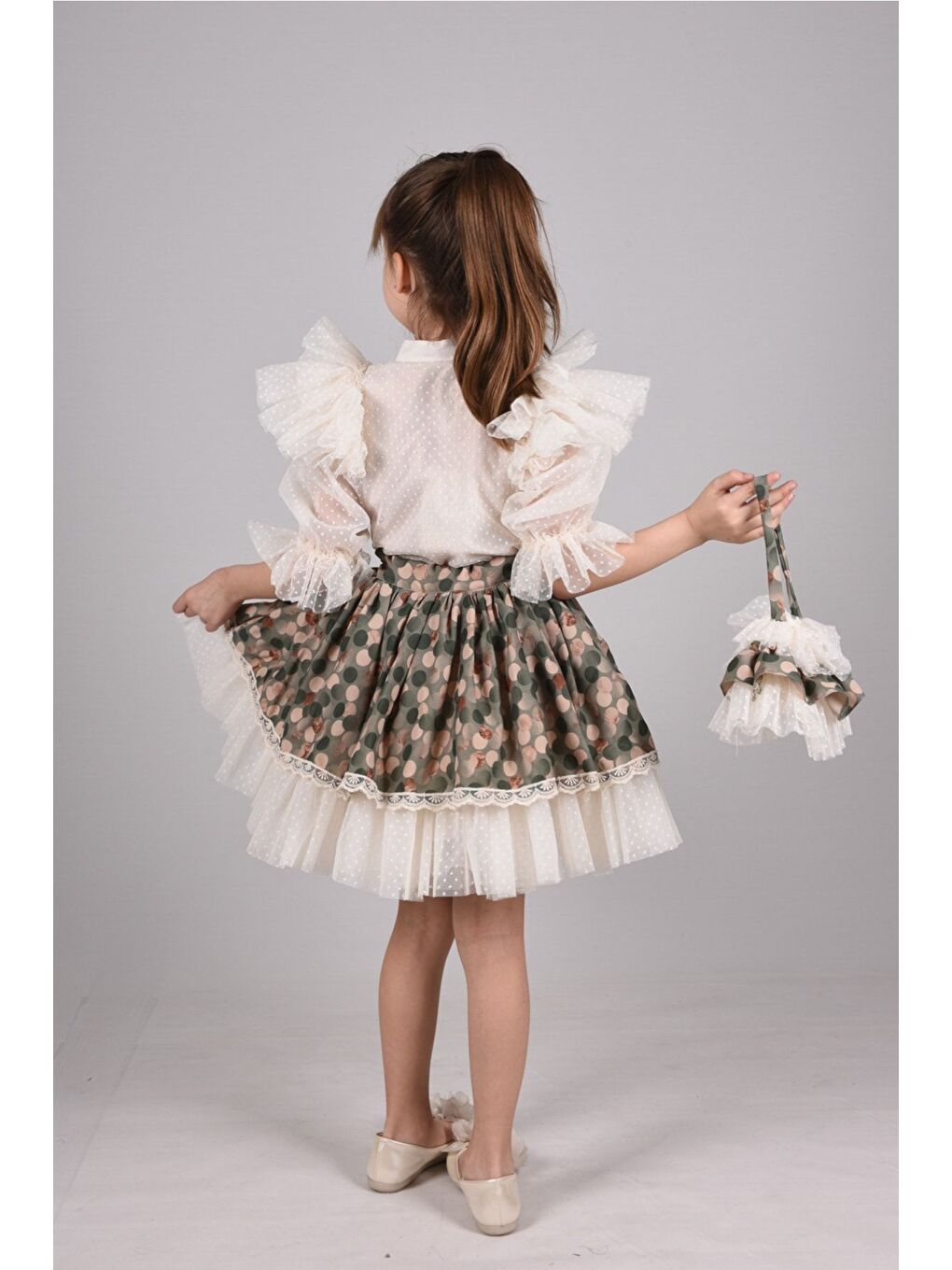 Yeşil Puantiye Etek ve Gömlekli İkili Takım, Kız Çocuk Mezuniyet Elbisesi, Kız Çocuk Vintage Takım_M2332-2