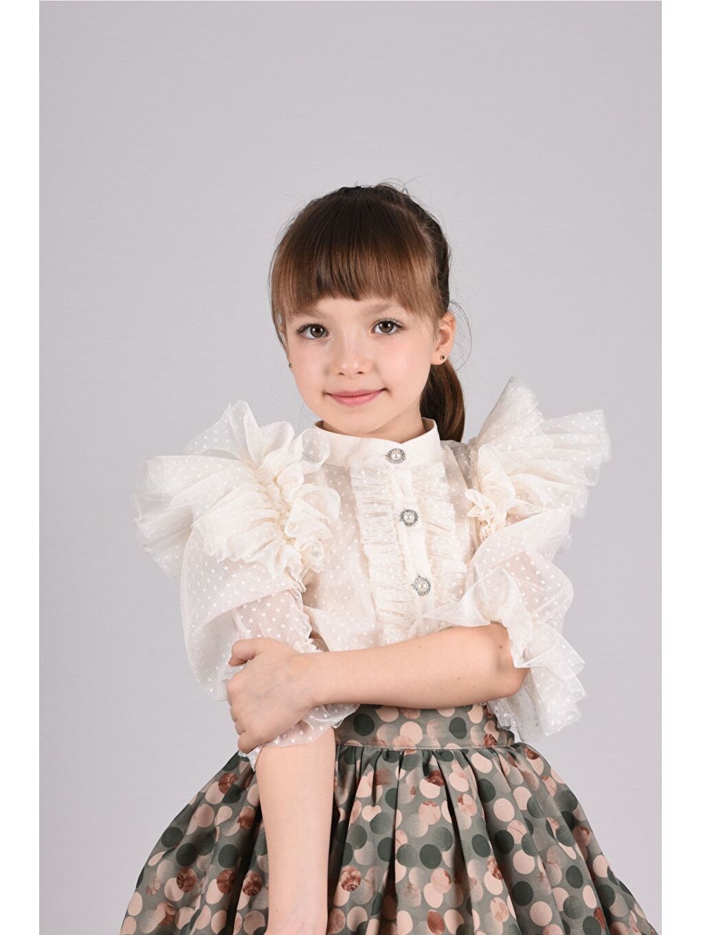 Yeşil Puantiye Etek ve Gömlekli İkili Takım, Kız Çocuk Mezuniyet Elbisesi, Kız Çocuk Vintage Takım_M2332-3