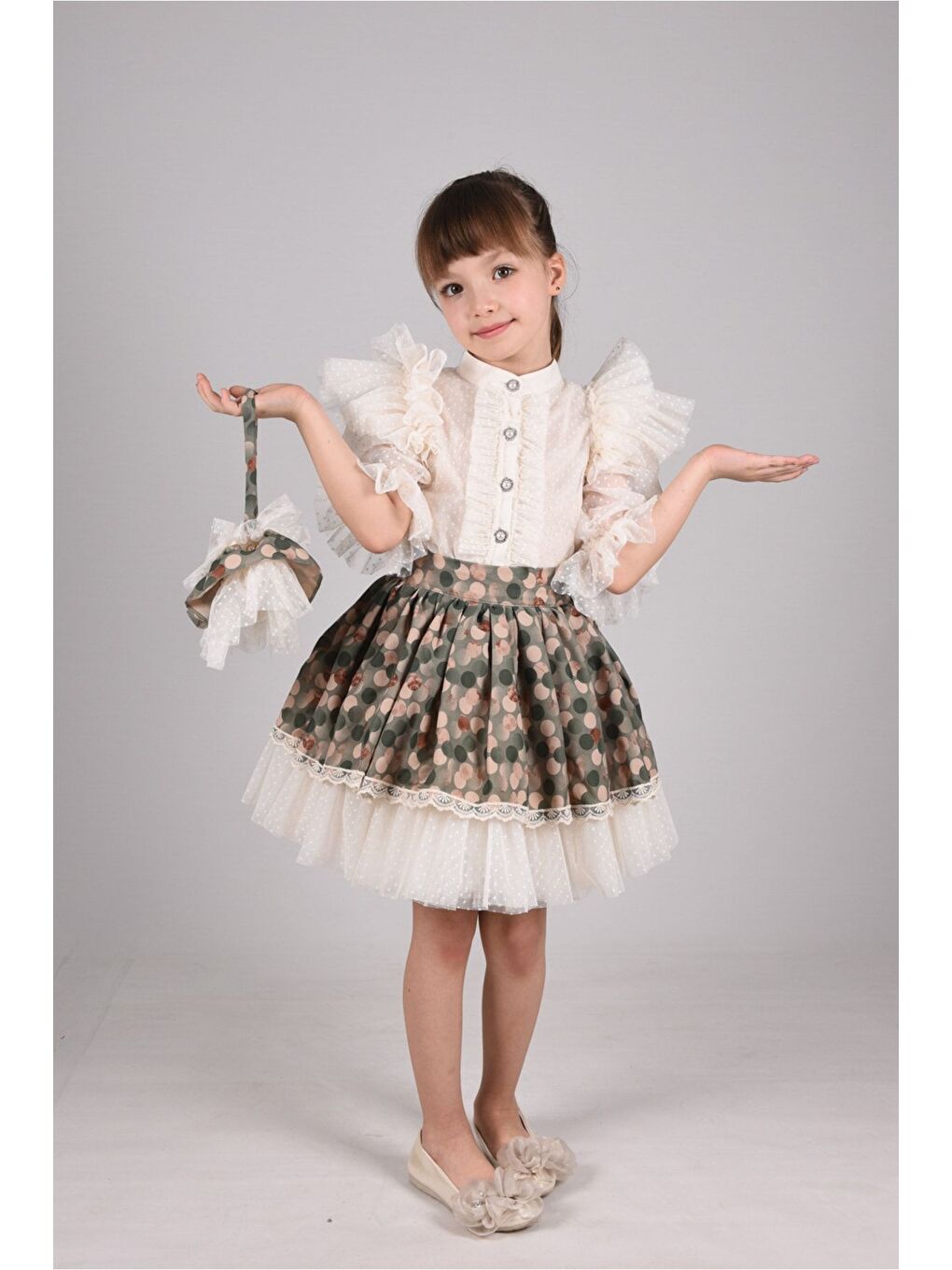 Yeşil Puantiye Etek ve Gömlekli İkili Takım, Kız Çocuk Mezuniyet Elbisesi, Kız Çocuk Vintage Takım_M2332-4