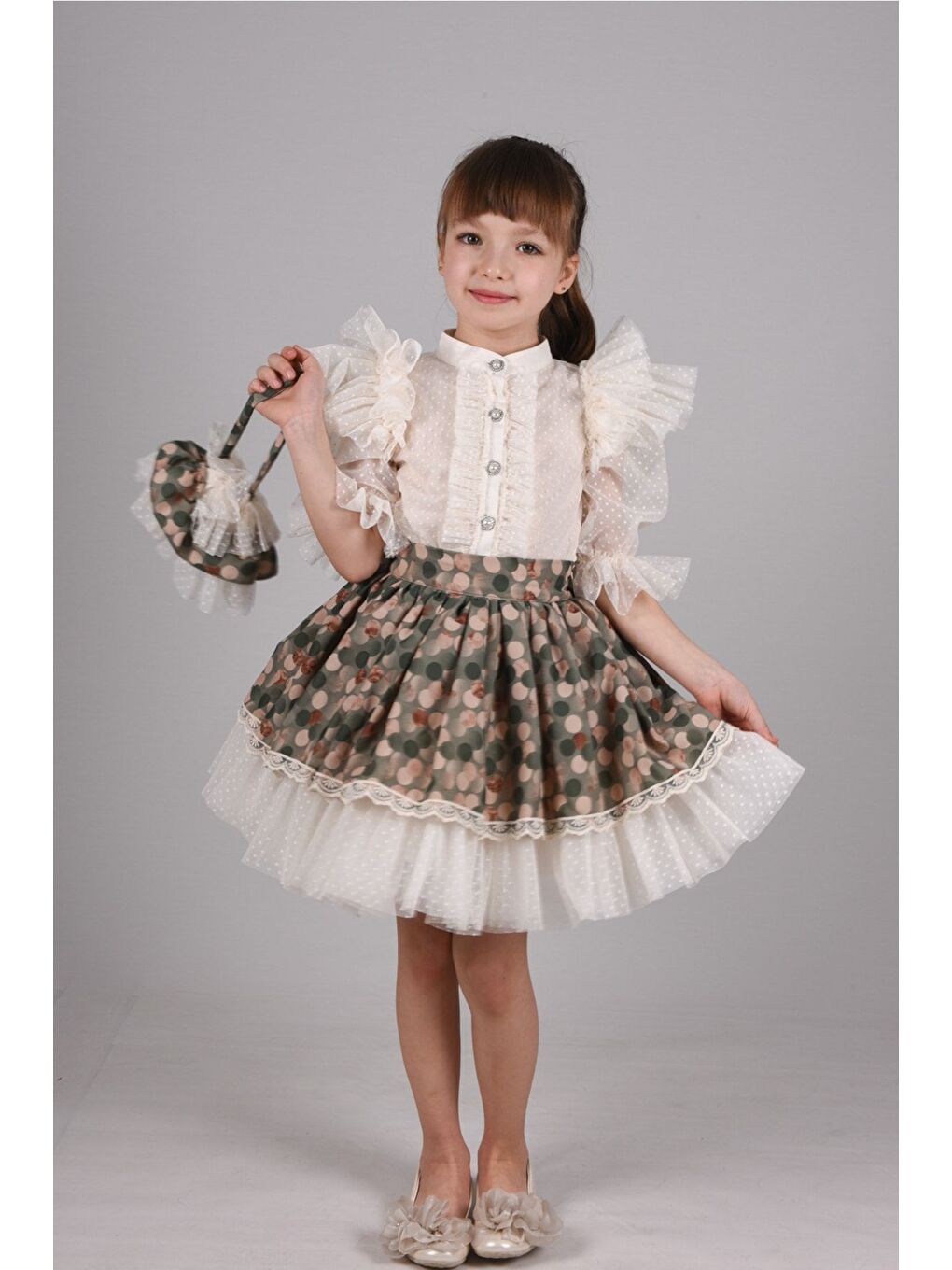 Yeşil Puantiye Etek ve Gömlekli İkili Takım, Kız Çocuk Mezuniyet Elbisesi, Kız Çocuk Vintage Takım_M2332-5