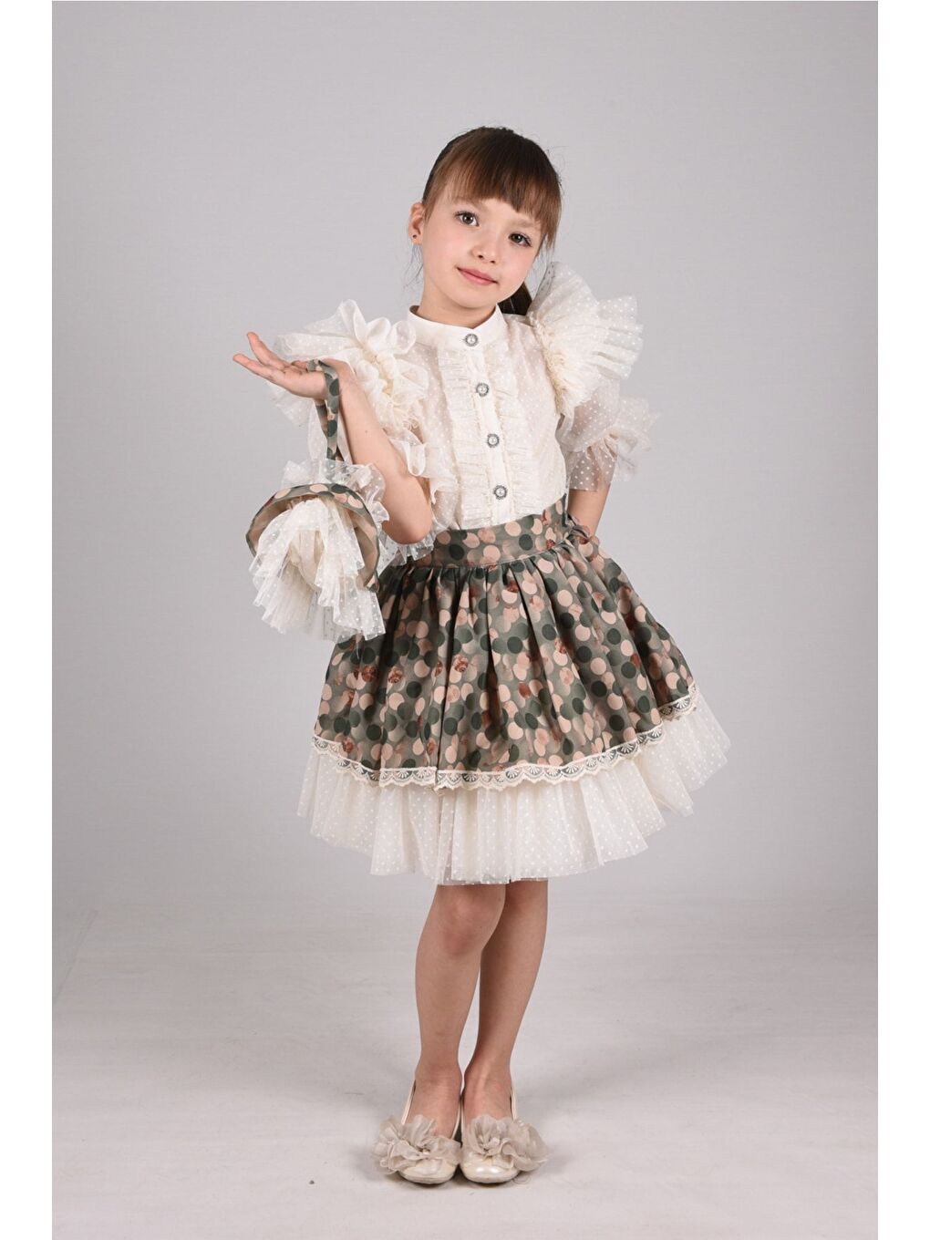 Yeşil Puantiye Etek ve Gömlekli İkili Takım, Kız Çocuk Mezuniyet Elbisesi, Kız Çocuk Vintage Takım_M2332-6