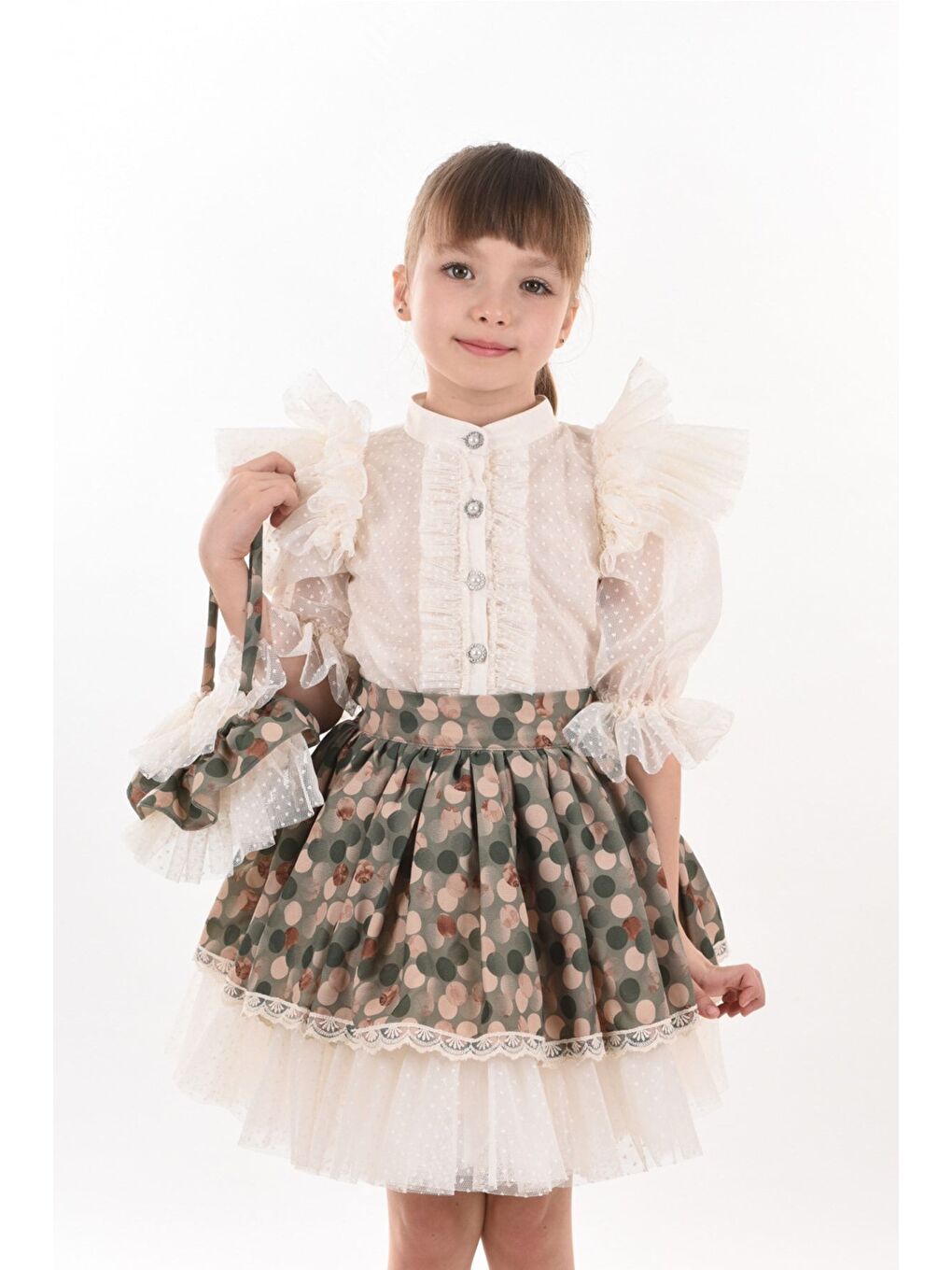 Yeşil Puantiye Etek ve Gömlekli İkili Takım, Kız Çocuk Mezuniyet Elbisesi, Kız Çocuk Vintage Takım_M2332-7