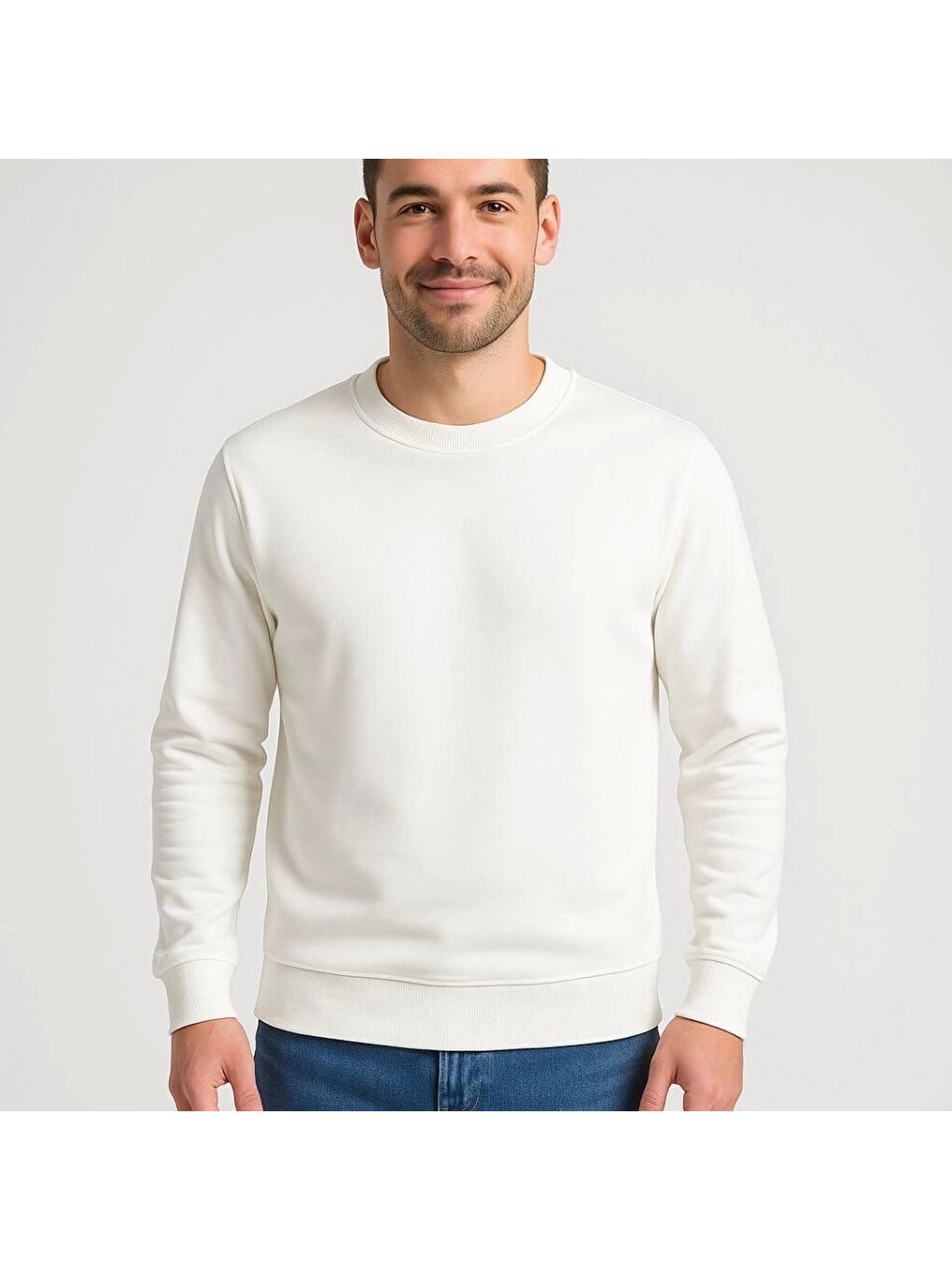 Erkek Üç İplik Düz Bisiklet Yaka Sweatshirt - Beyaz-1