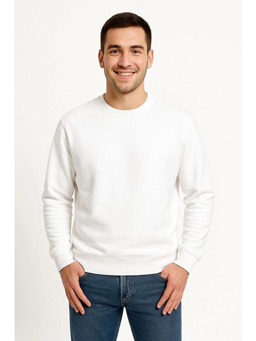 Erkek Üç İplik Düz Bisiklet Yaka Sweatshirt - Beyaz-2