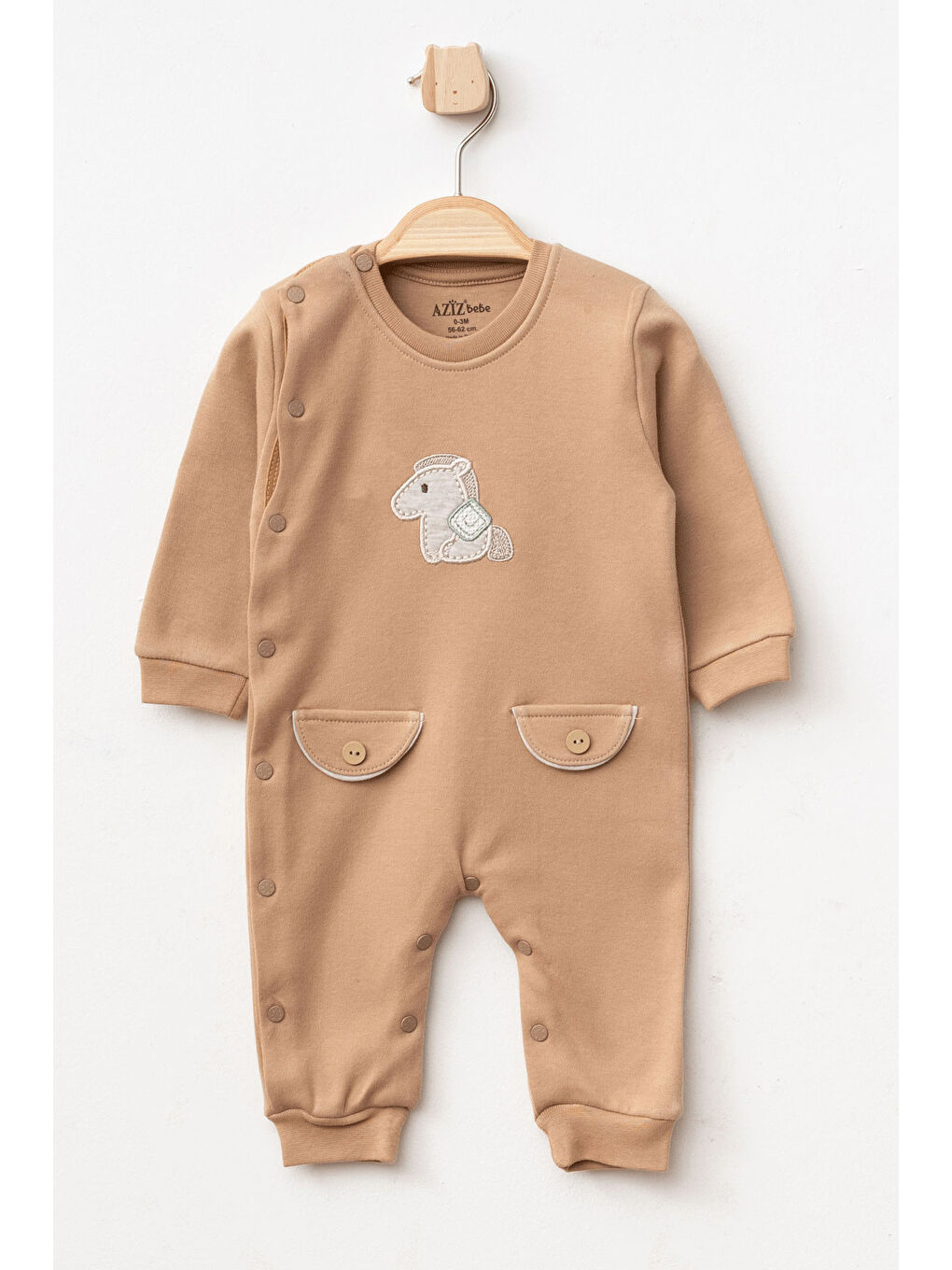 AZİZ BEBE Kahverengi Erkek Bebek Çıtçıtlı At Nakışlı Tulum 0 Ay - 6 Ay