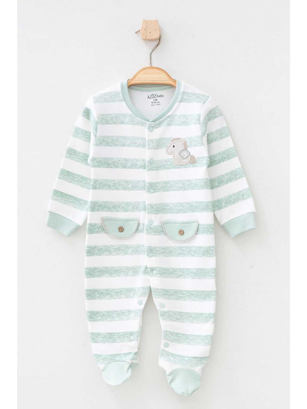 AZİZ BEBE Yeşil Erkek Bebek Çıtçıtlı Çizgili At Nakışlı Patikli Tulum 0 Ay - 6 Ay