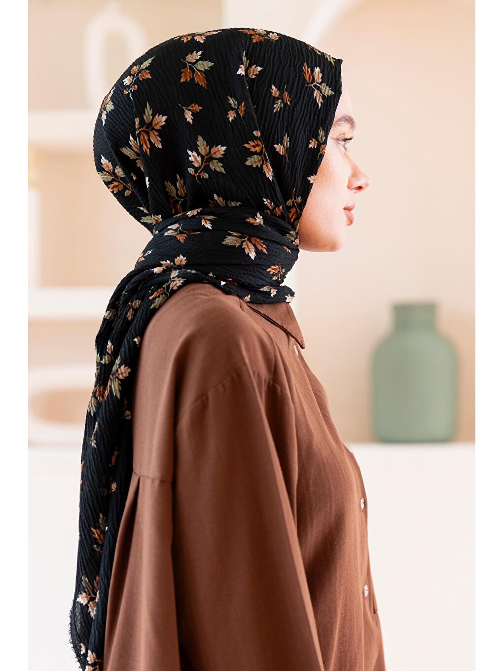 Siyah Kadın Ütü İstemeyen Meşe Desen Bürümcük Şal-3