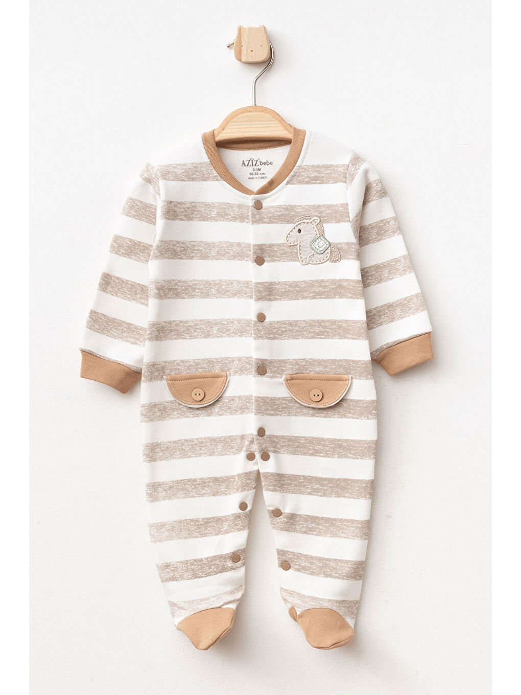 AZİZ BEBE Kahverengi Erkek Bebek Çıtçıtlı Çizgili At Nakışlı Patikli Tulum 0 Ay - 6 Ay