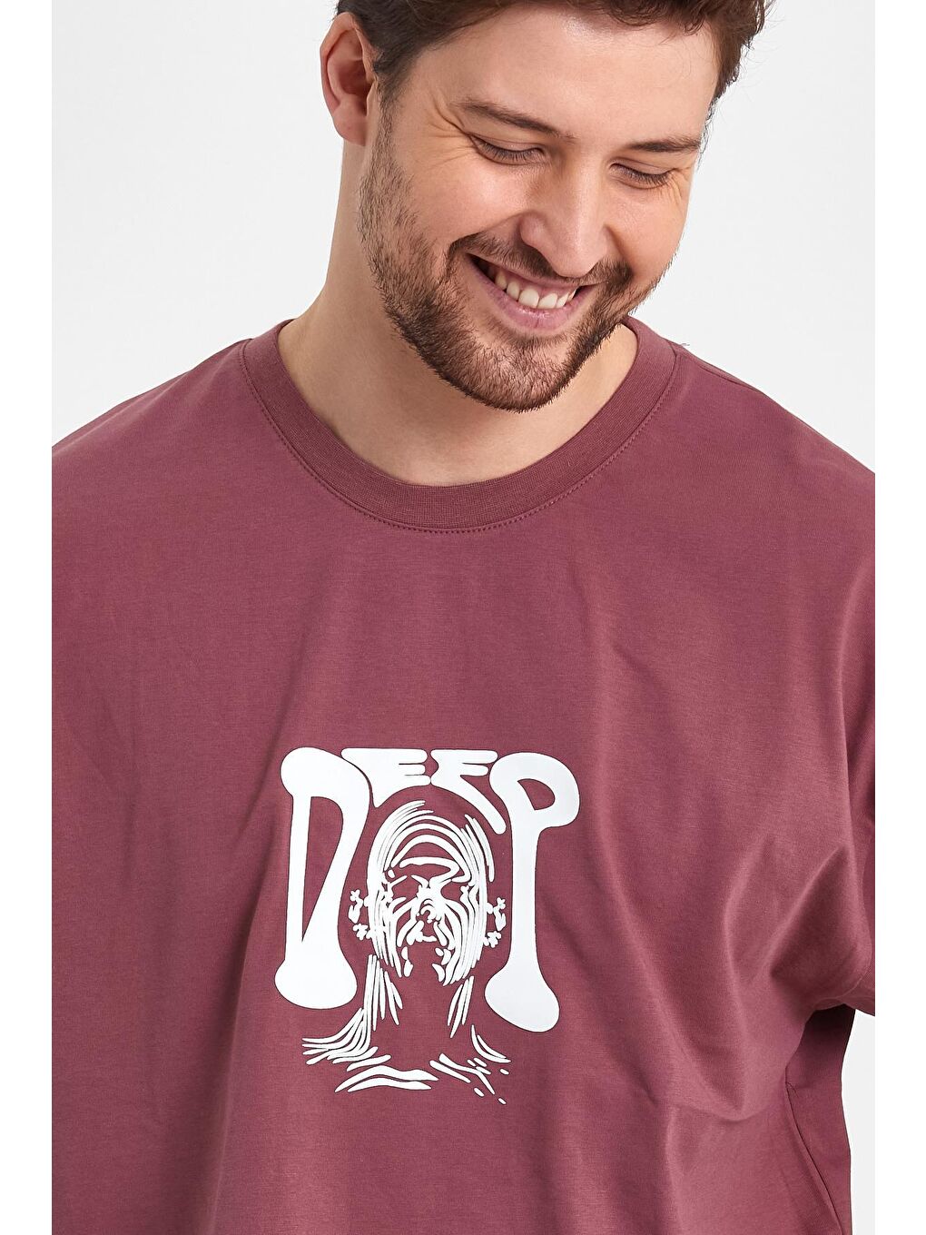 Pembe Gül Kurusu Oversize Fit Bisiklet Yaka %100 Pamuk Deep Kabartma Baskılı Erkek Tişört RF0404-2