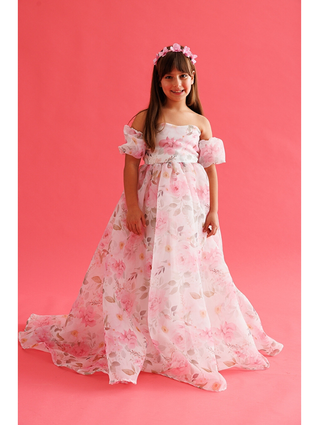 Pembe Çiçek Desenli Organze Straplez Kız Çocuk Mezuniyet Elbisesi - Lovisa-1