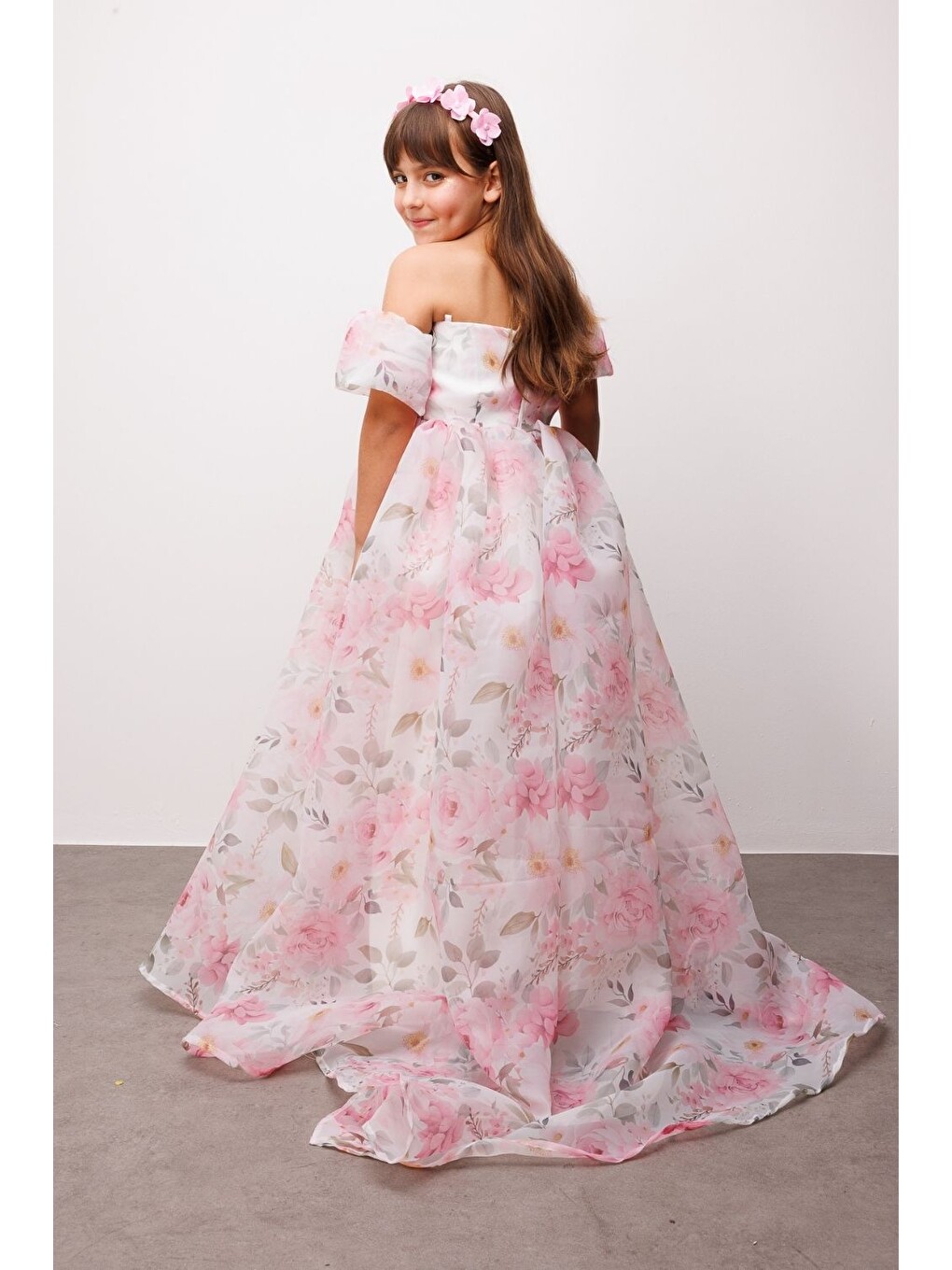 Pembe Çiçek Desenli Organze Straplez Kız Çocuk Mezuniyet Elbisesi - Lovisa-2