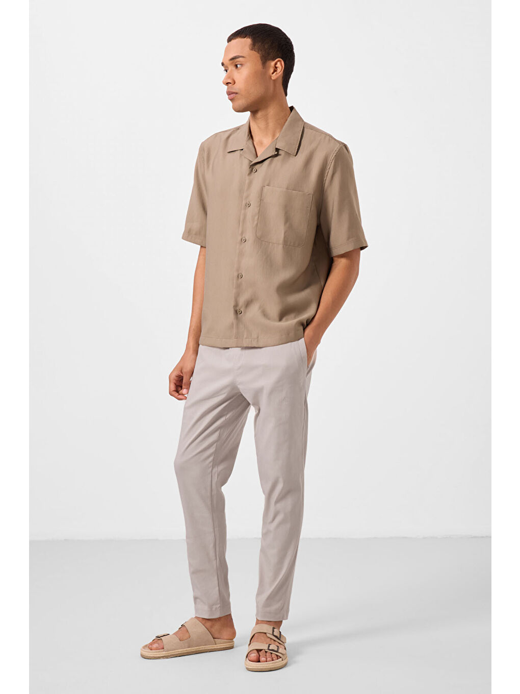 Bej Taş Standart Fit Dokuma Hafif Esnek Chino  Erkek Pantolon - 82179-1