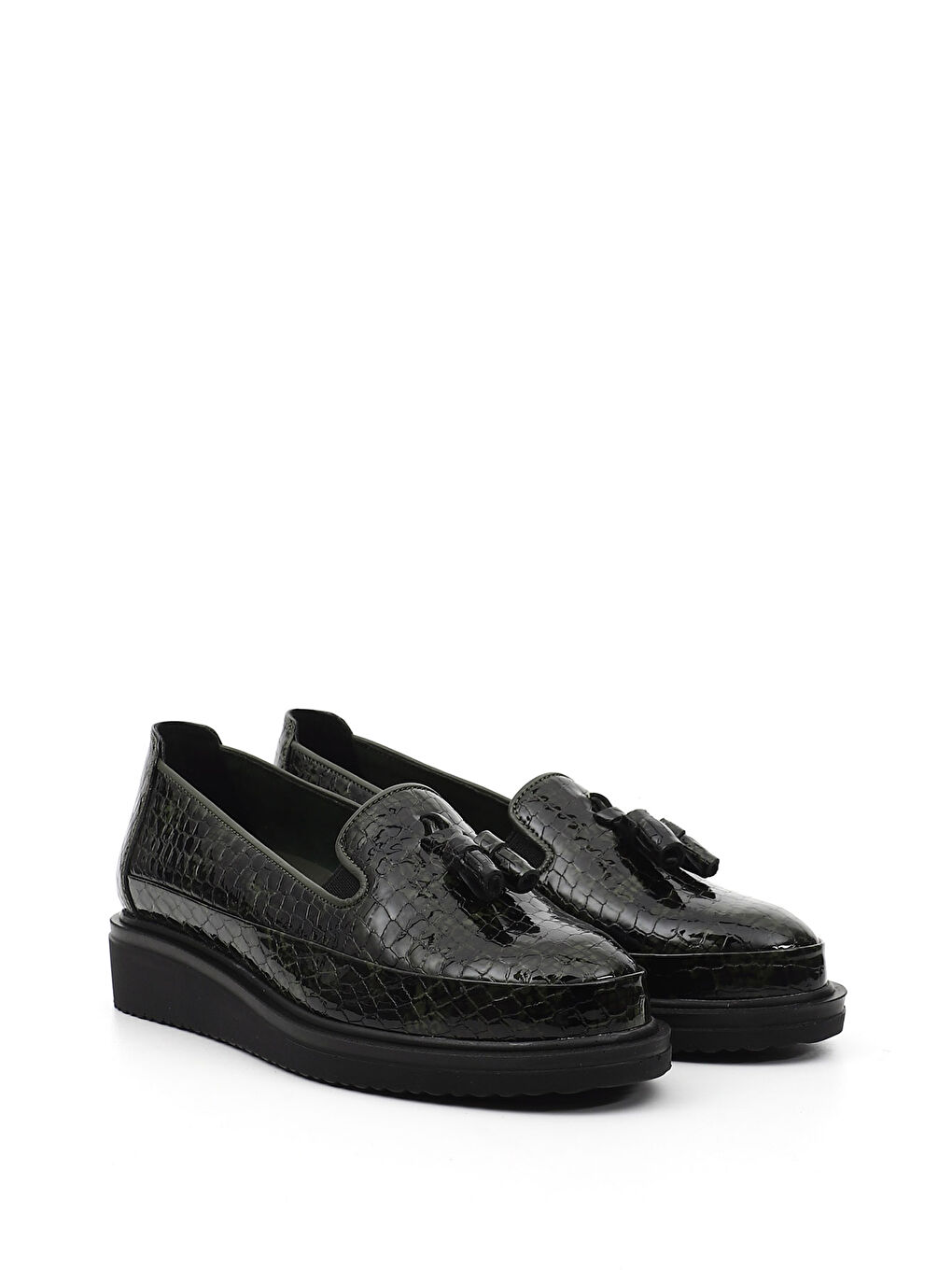 Yeşil Kadın YOSUN YEŞİLİ Dolgu Taban Püsküllü Hakiki Deri Ayakkabı-1