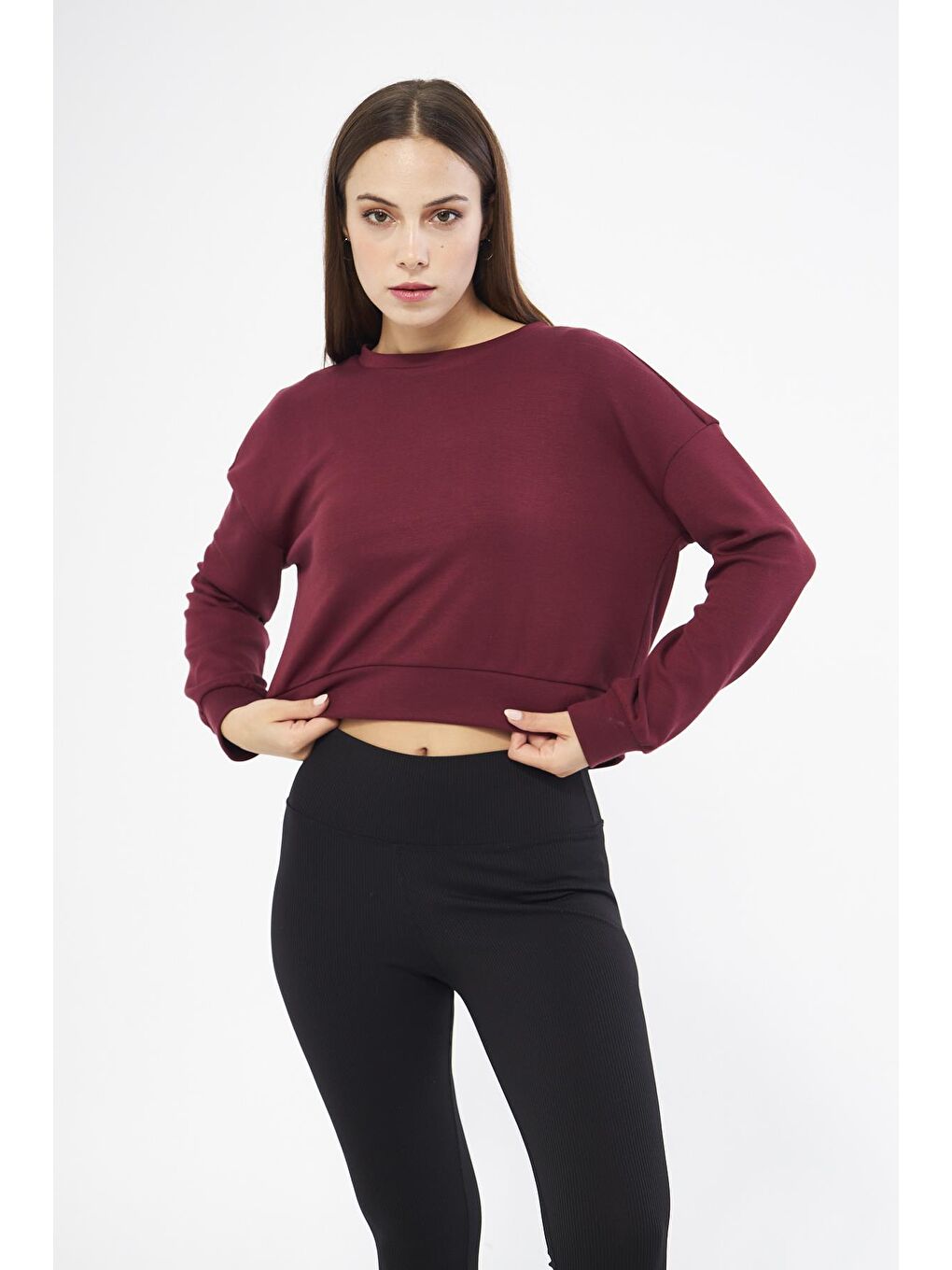 Chandraswear Bordo Kadın Uzun Kollu Crop Sweatshirt - Gobi