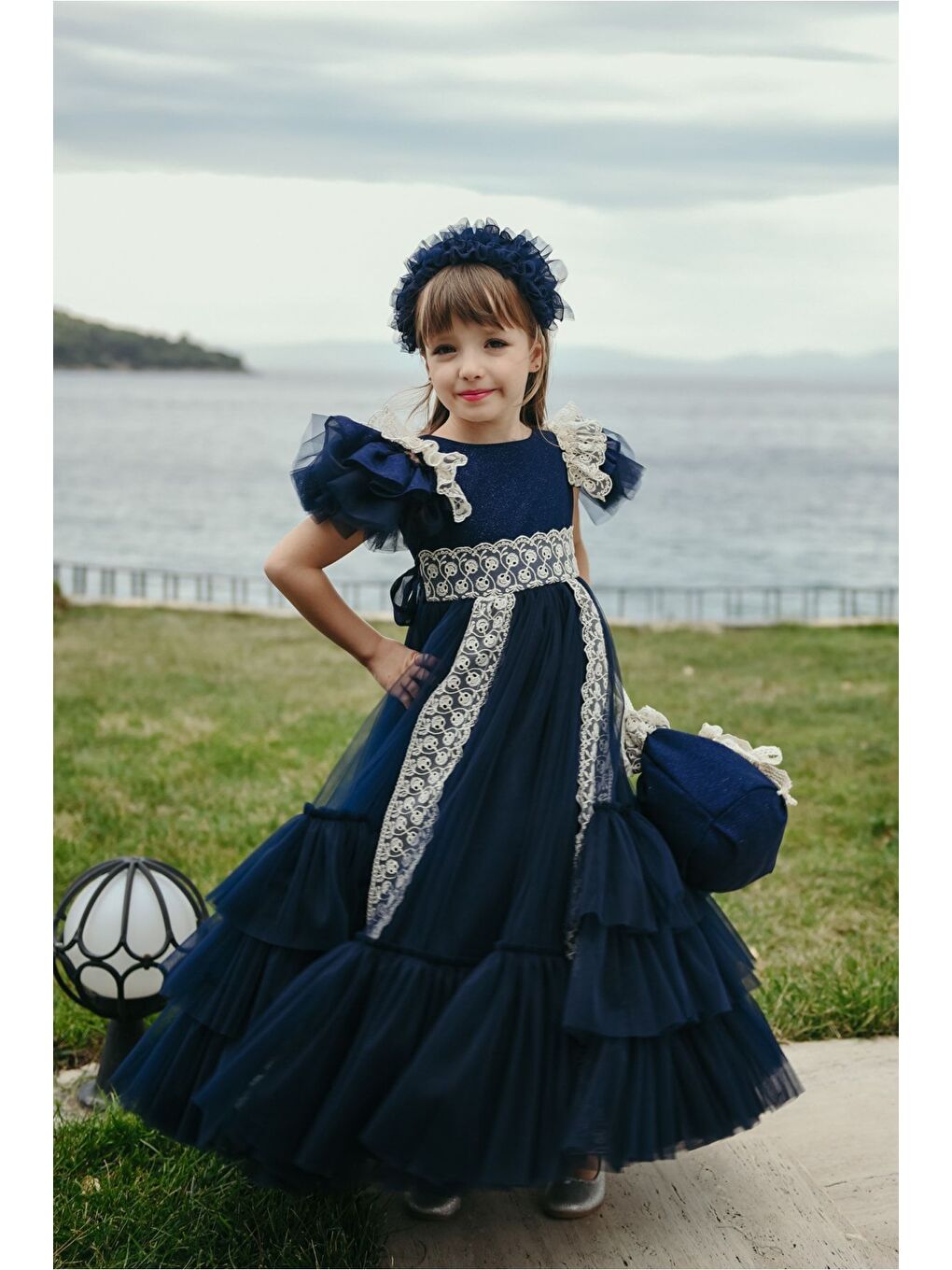 Lacivert Özel Tasarım Kız Çocuk Saç Ve Çanta Aksesuarlı Uzun Abiye Doğum Günü Elbisesi_M2318-1