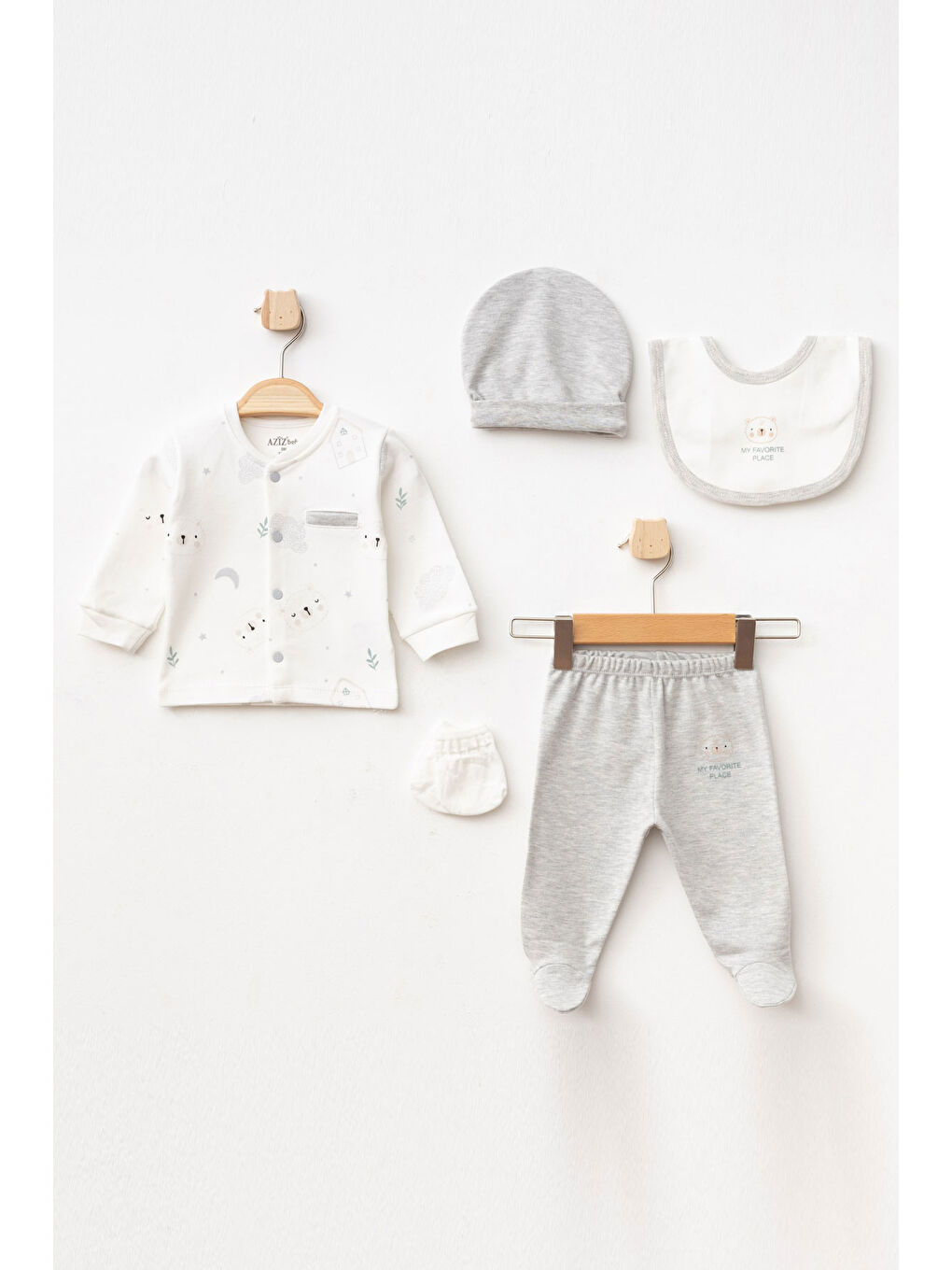 Ekru Erkek Bebek Hayvan Nakışlı 5' Li Hastane Çıkış Seti 0 Ay - 3 Ay