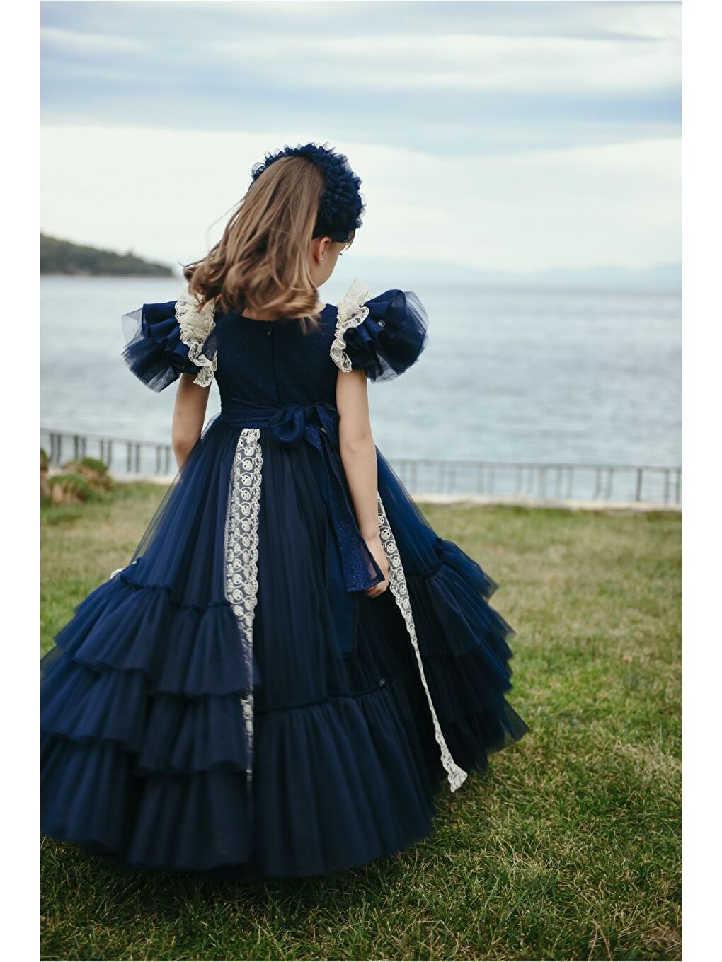 Lacivert Özel Tasarım Kız Çocuk Saç Ve Çanta Aksesuarlı Uzun Abiye Doğum Günü Elbisesi_M2318-3