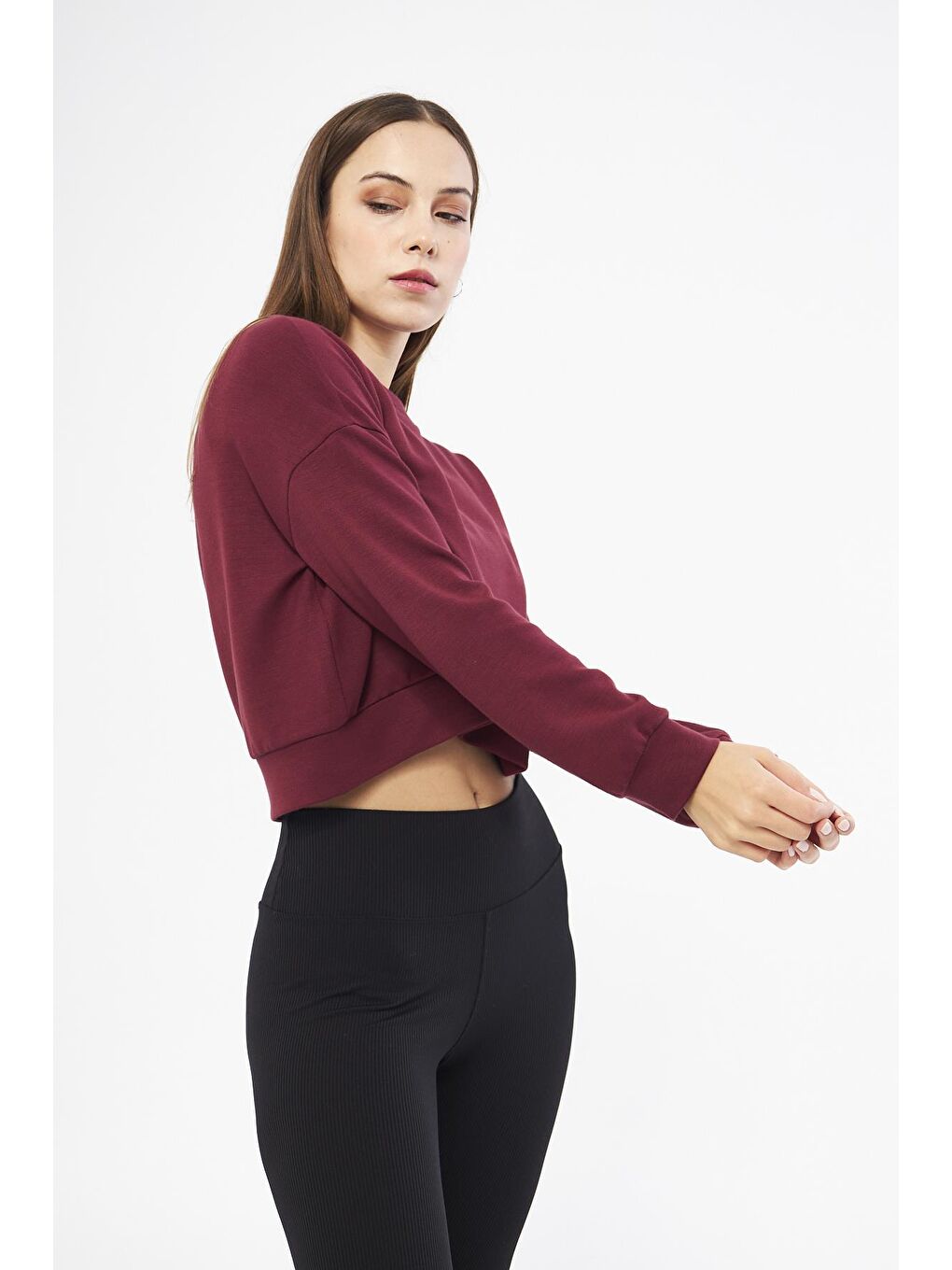 Chandraswear Bordo Kadın Uzun Kollu Crop Sweatshirt - Gobi - 1