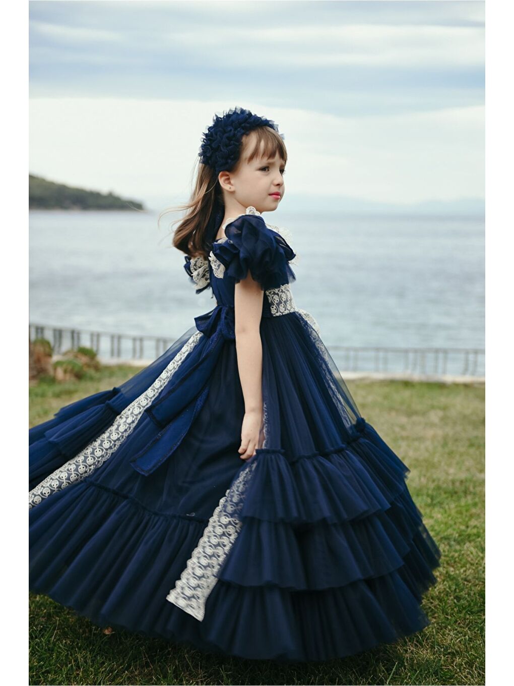Lacivert Özel Tasarım Kız Çocuk Saç Ve Çanta Aksesuarlı Uzun Abiye Doğum Günü Elbisesi_M2318-4