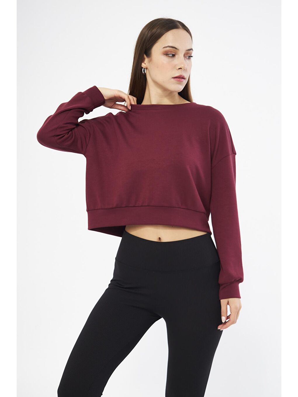 Chandraswear Bordo Kadın Uzun Kollu Crop Sweatshirt - Gobi - 2