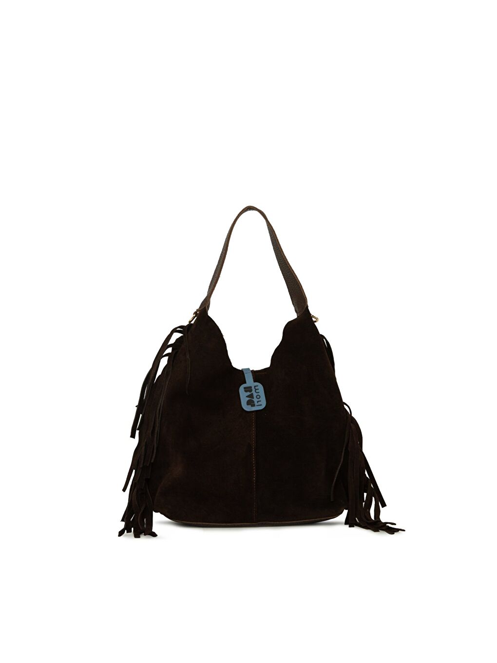 Kahverengi Hakiki Süet Deri Püsküllü Mini Salaş Çanta-2