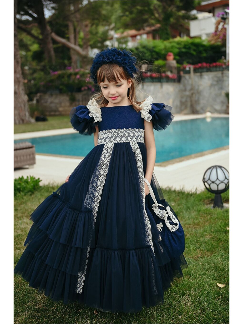 Lacivert Özel Tasarım Kız Çocuk Saç Ve Çanta Aksesuarlı Uzun Abiye Doğum Günü Elbisesi_M2318-6