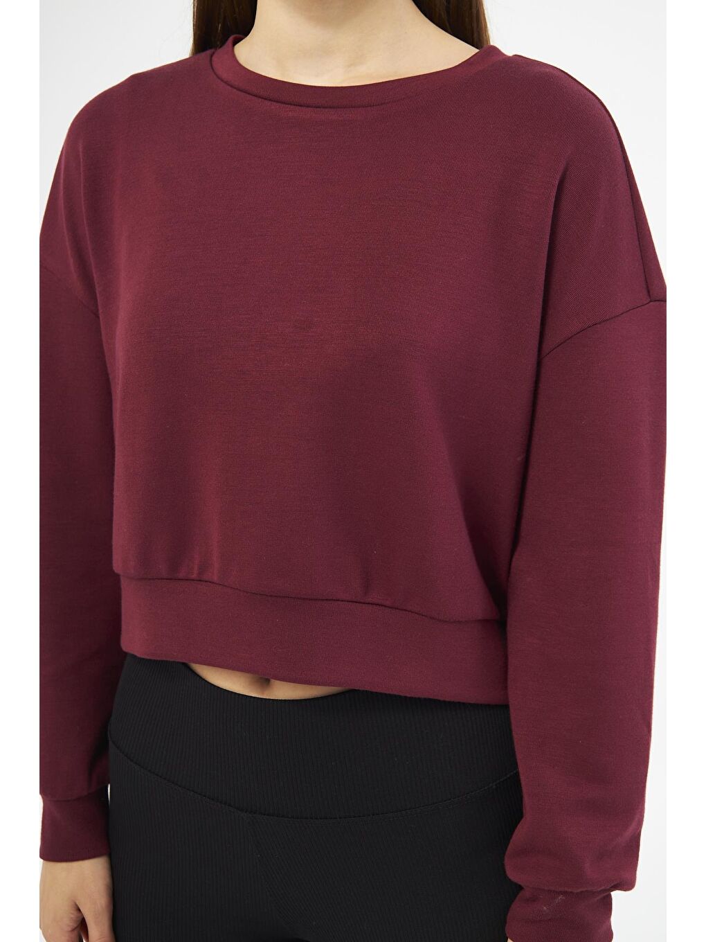 Chandraswear Bordo Kadın Uzun Kollu Crop Sweatshirt - Gobi - 3