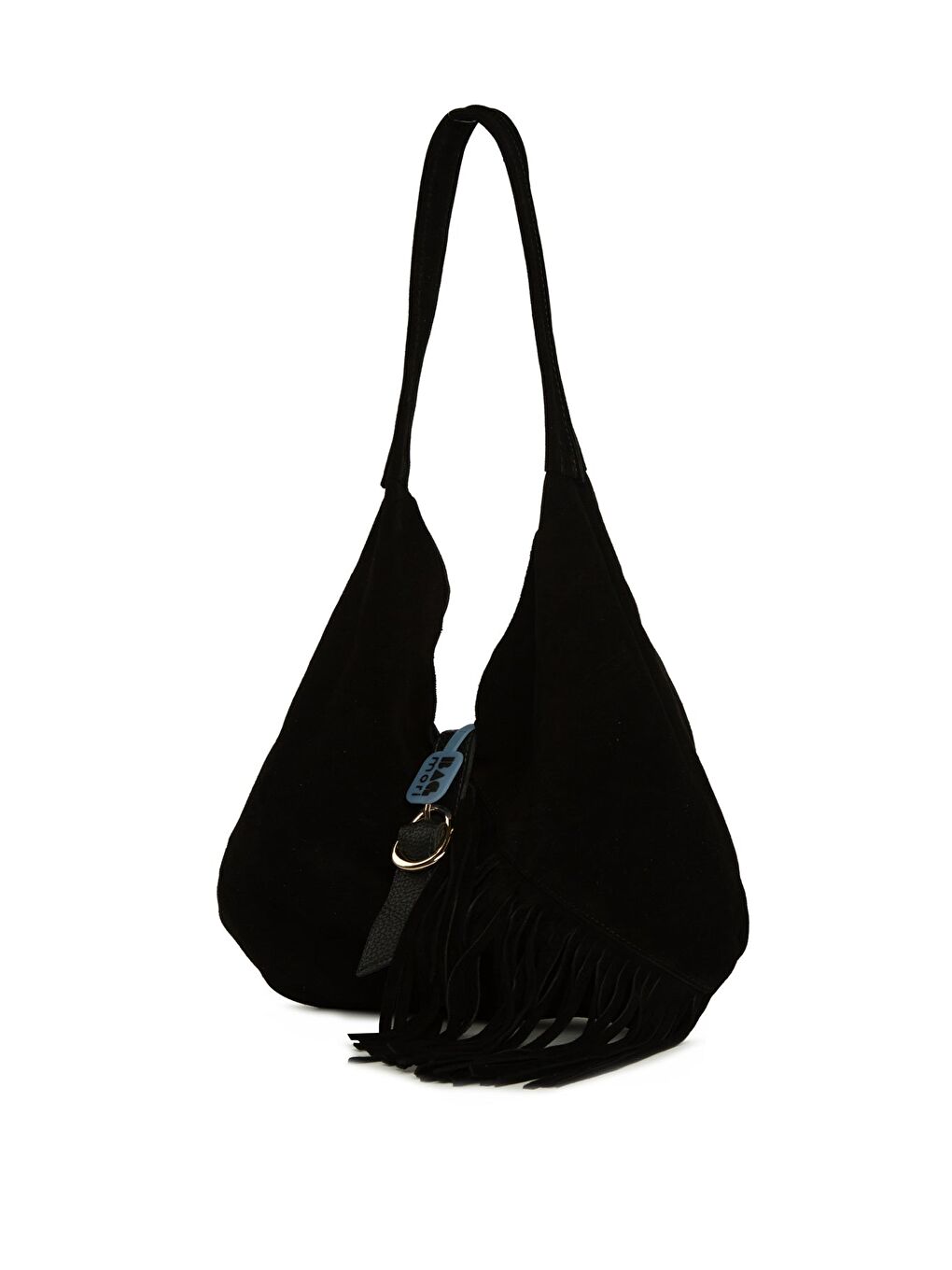 Siyah Hakiki Süet Deri Tokalı Püsküllü Büyük Salaş Çanta-1