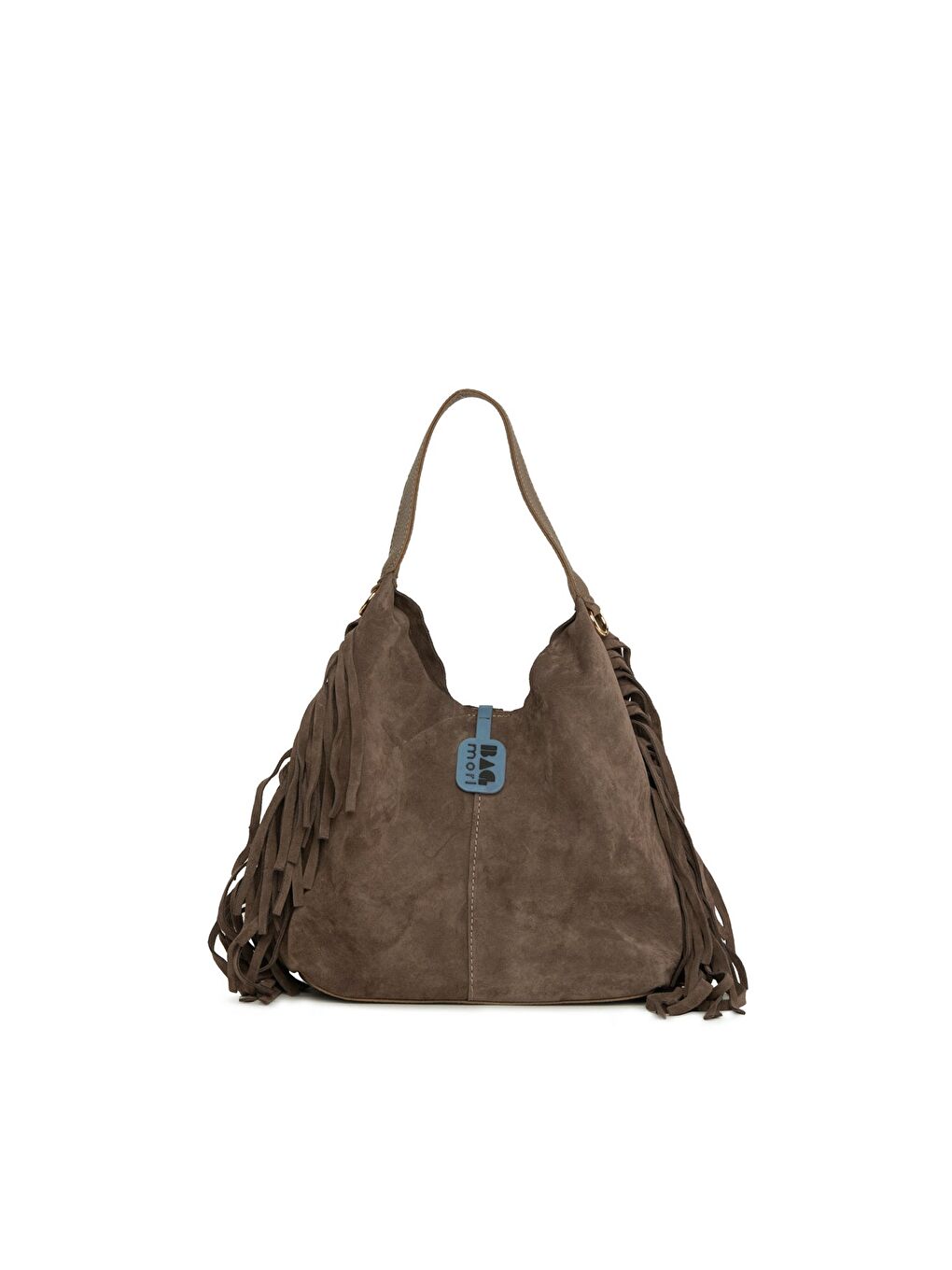 Bej Hakiki Süet Deri Püsküllü Mini Salaş Çanta