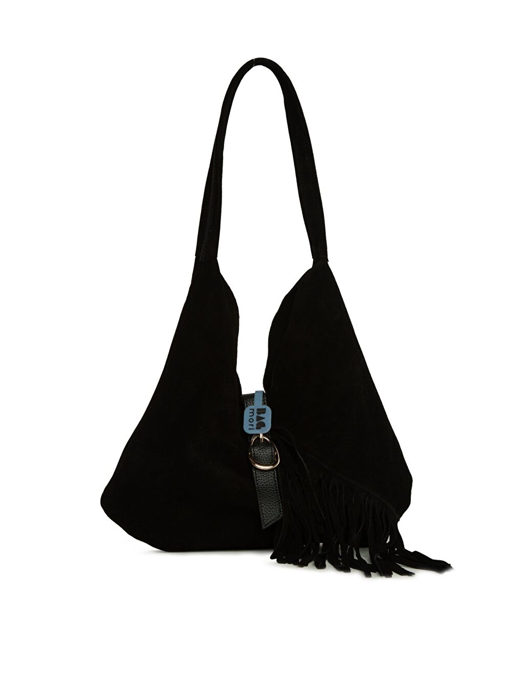 Siyah Hakiki Süet Deri Tokalı Püsküllü Büyük Salaş Çanta-3