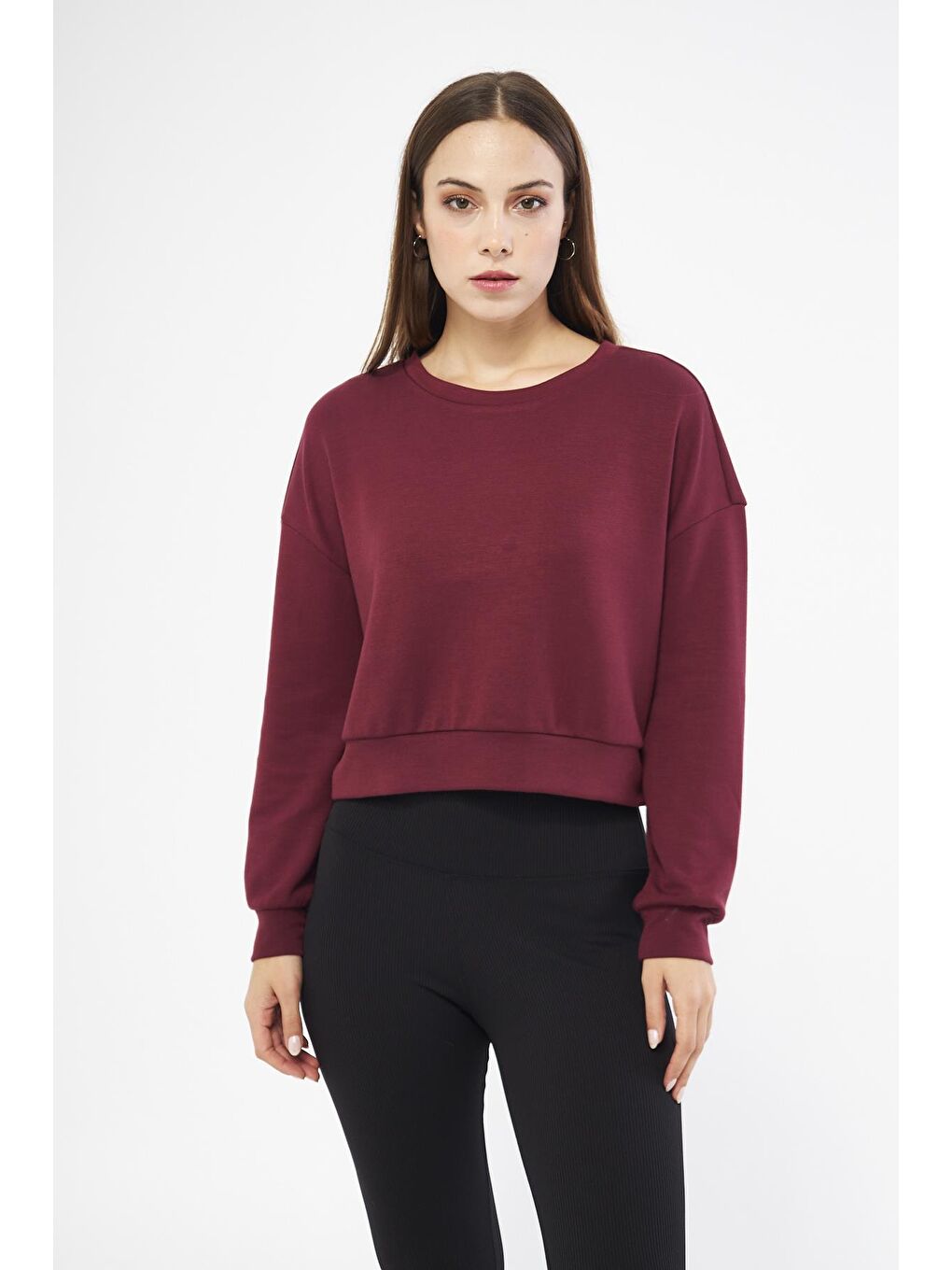 Chandraswear Bordo Kadın Uzun Kollu Crop Sweatshirt - Gobi - 4