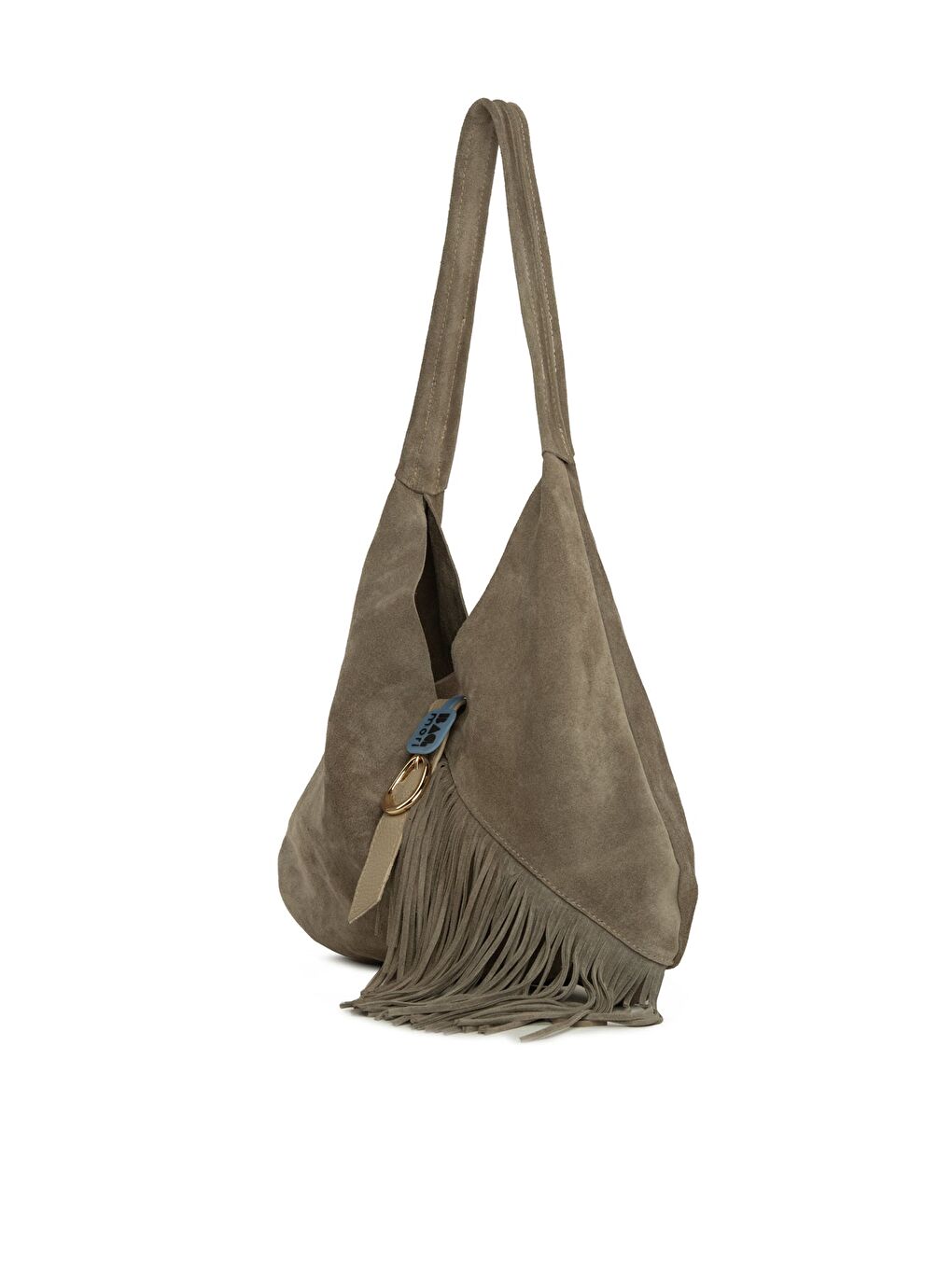 Bej Hakiki Süet Deri Tokalı Püsküllü Büyük Salaş Çanta-1