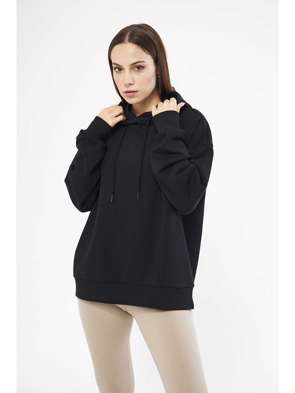 Chandraswear Siyah Kadın Oversize Basic Kapüşonlu Sweatshirt Siyah - Fruno - 3