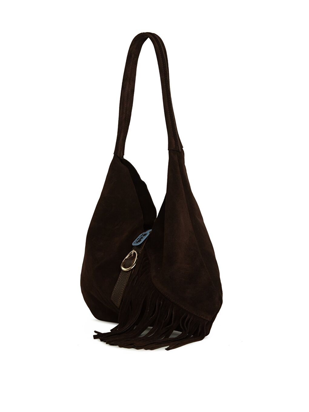 Kahverengi Hakiki Süet Deri Tokalı Püsküllü Büyük Salaş Çanta-1