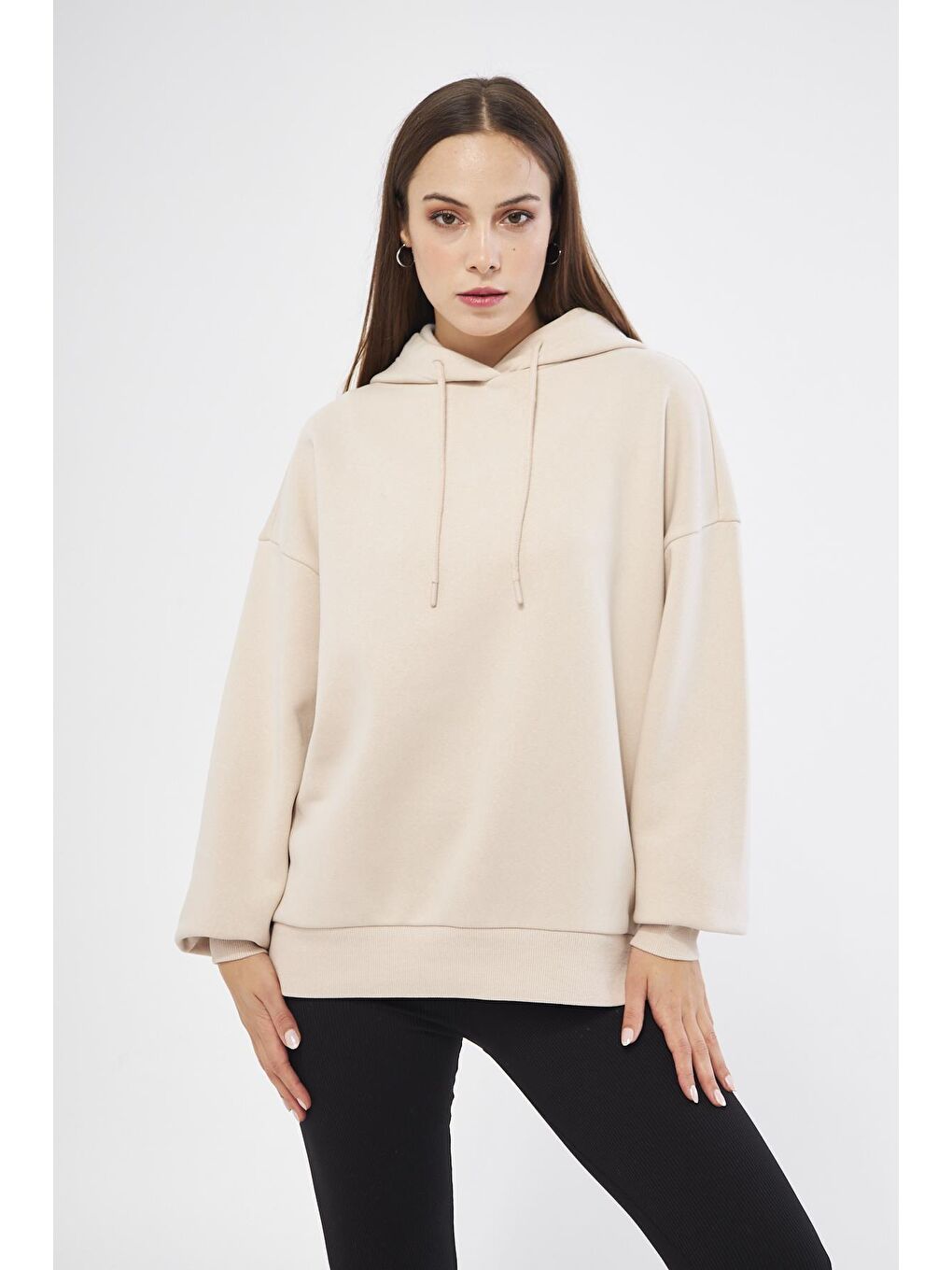 Chandraswear Bej Kadın Oversize Basic Kapüşonlu Sweatshirt Bej - Fruno