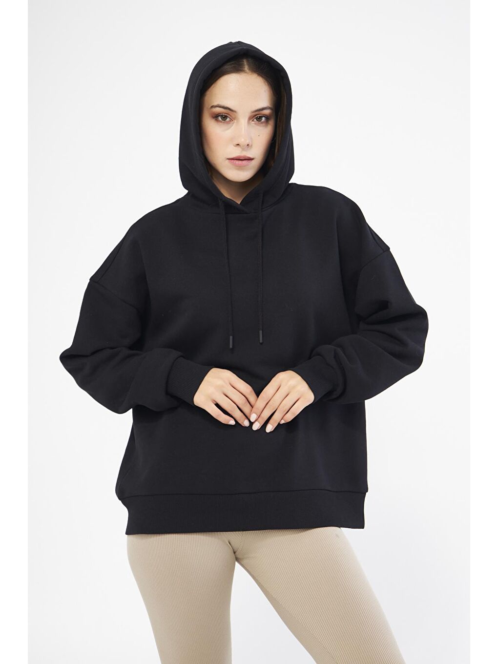 Chandraswear Siyah Kadın Oversize Basic Kapüşonlu Sweatshirt Siyah - Fruno - 4