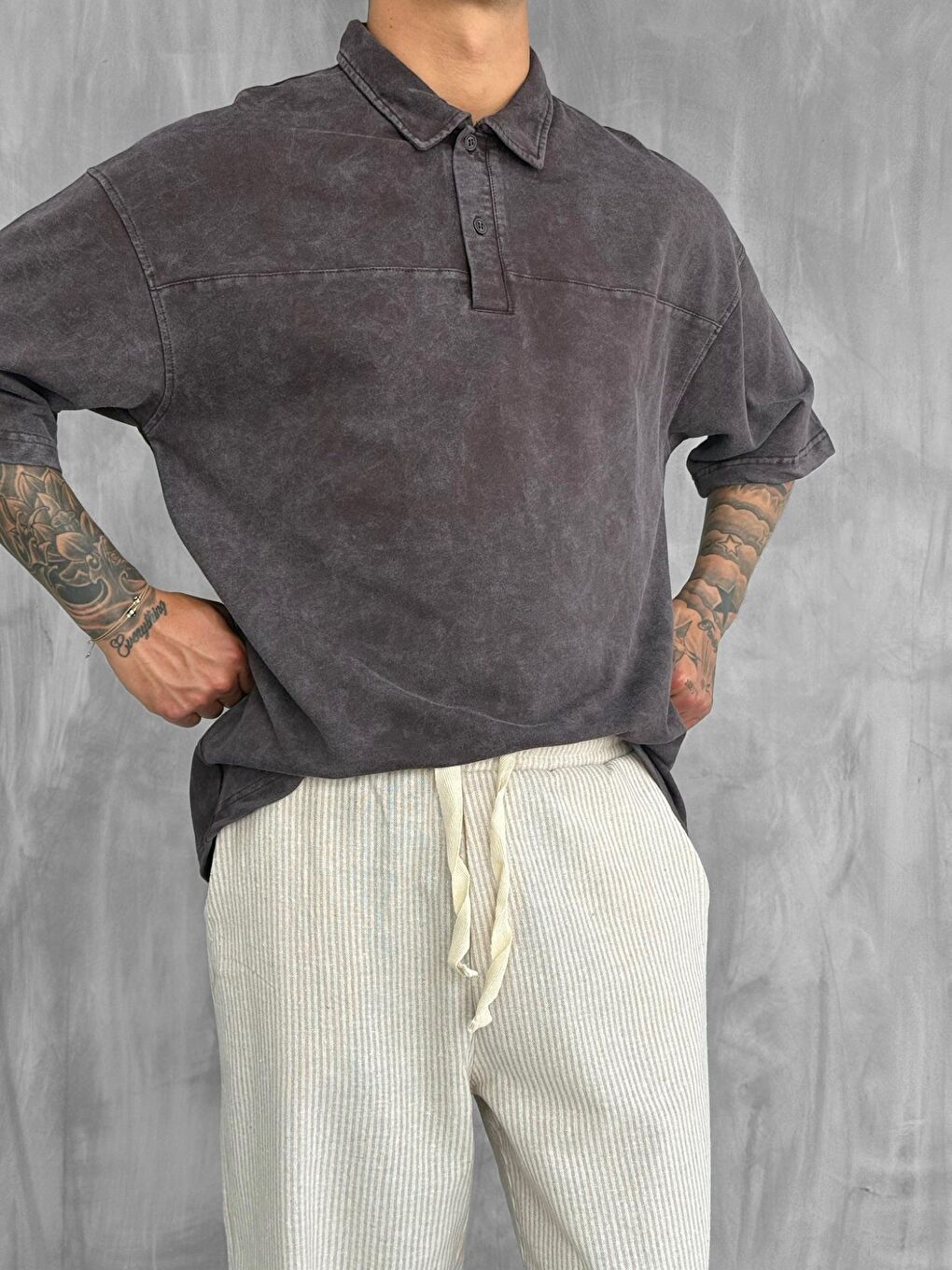 Kahverengi Erkek Polo Yaka Oversize Yıkamalı Tişört Kahve-1